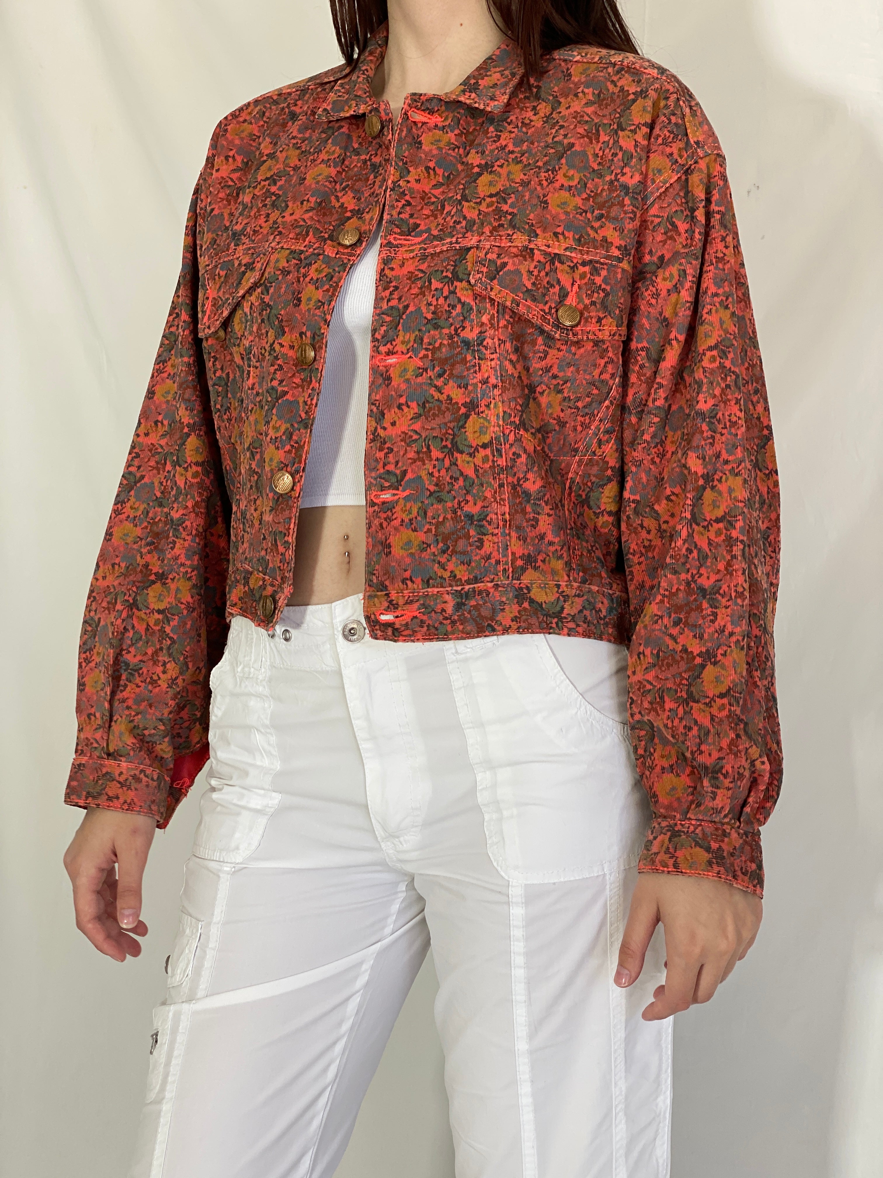 Vintage 90s Rita Marlow Cropped Oversized Floral Denim Jacket - L