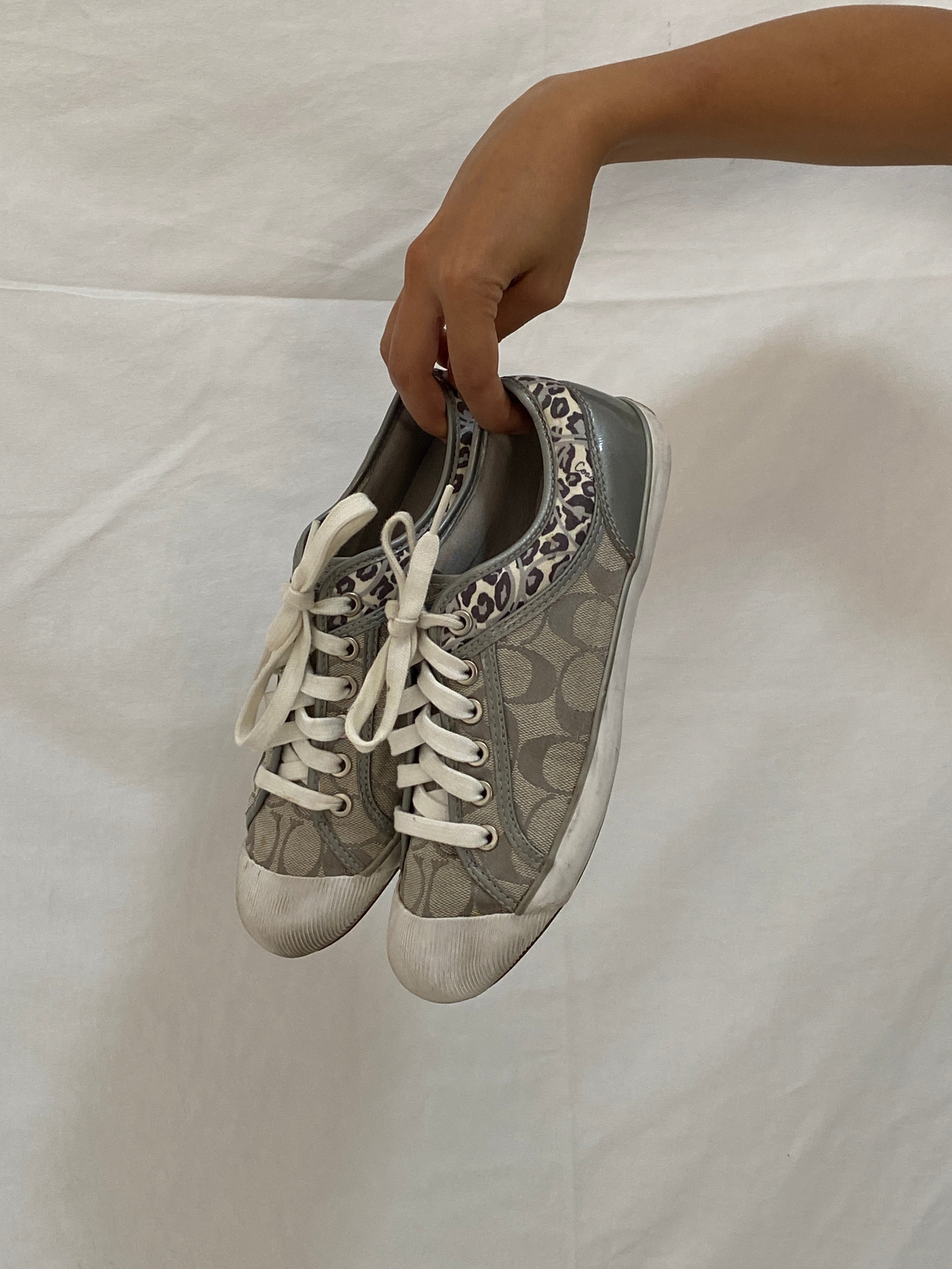 Coach Gray Monogram Canvas Sneakers with Leopard Trim - 38.5EU