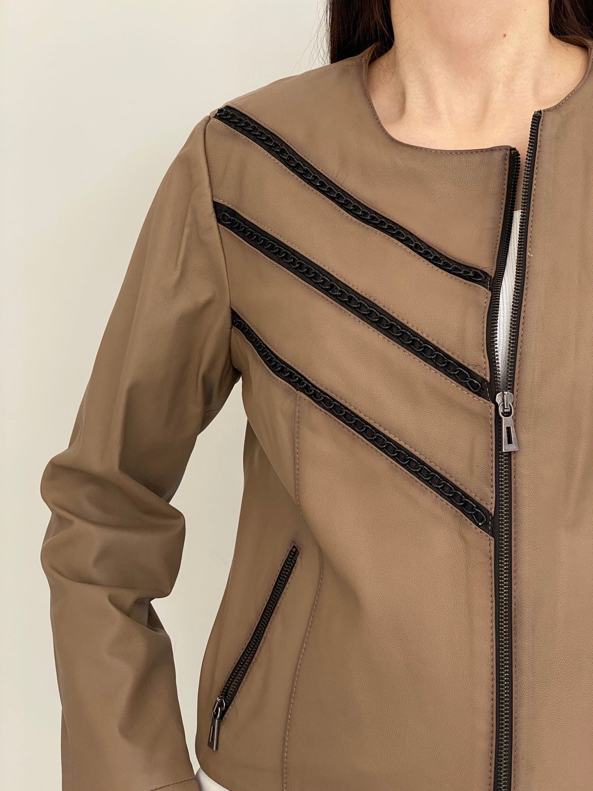 Vintage Y2K Gian Mori Classic Taupe Genuine Leather Zip-Up Jacket - L