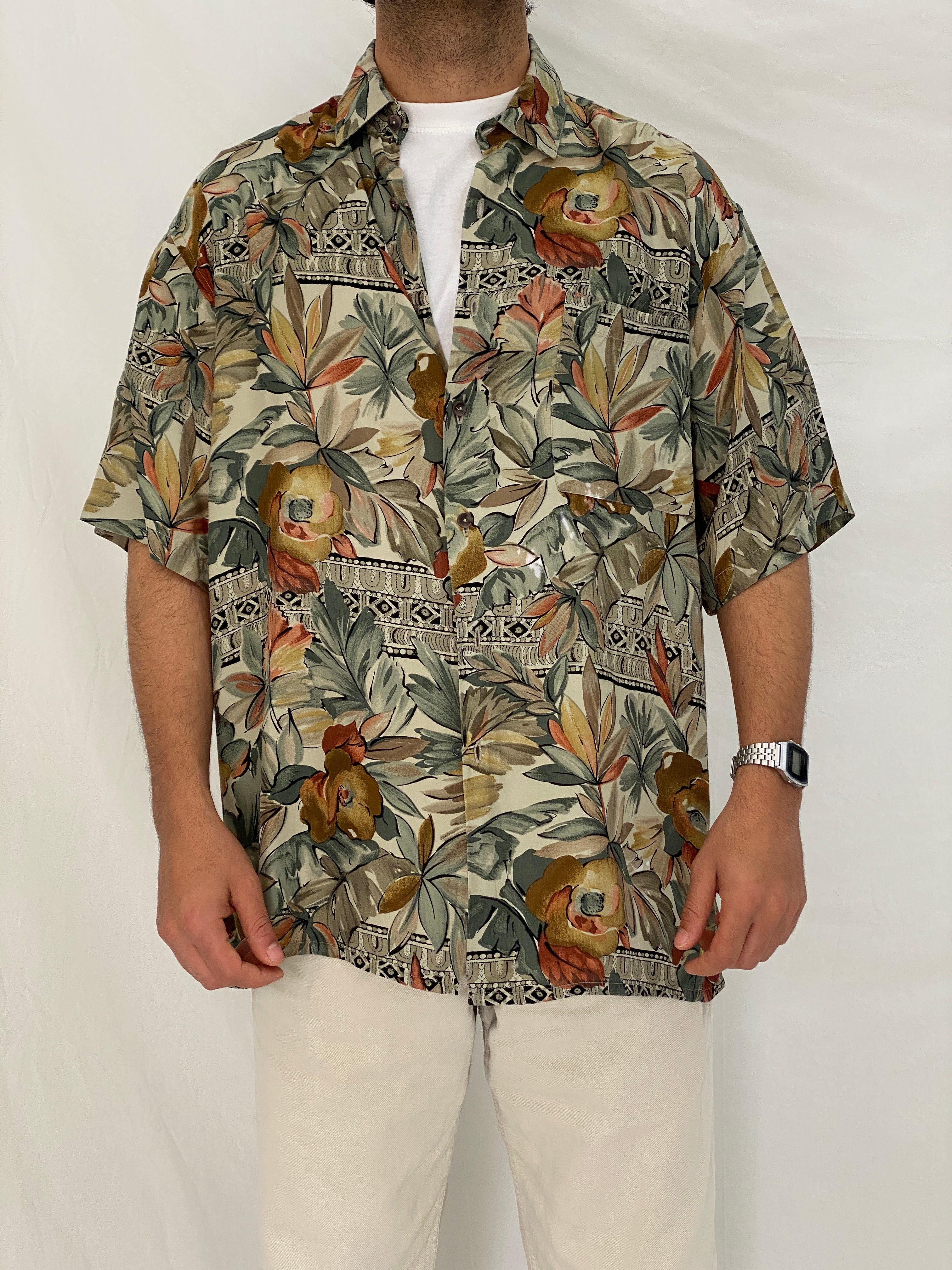 Vintage Burma Bibas Earth Tone Tropical Rayon Shirt – L