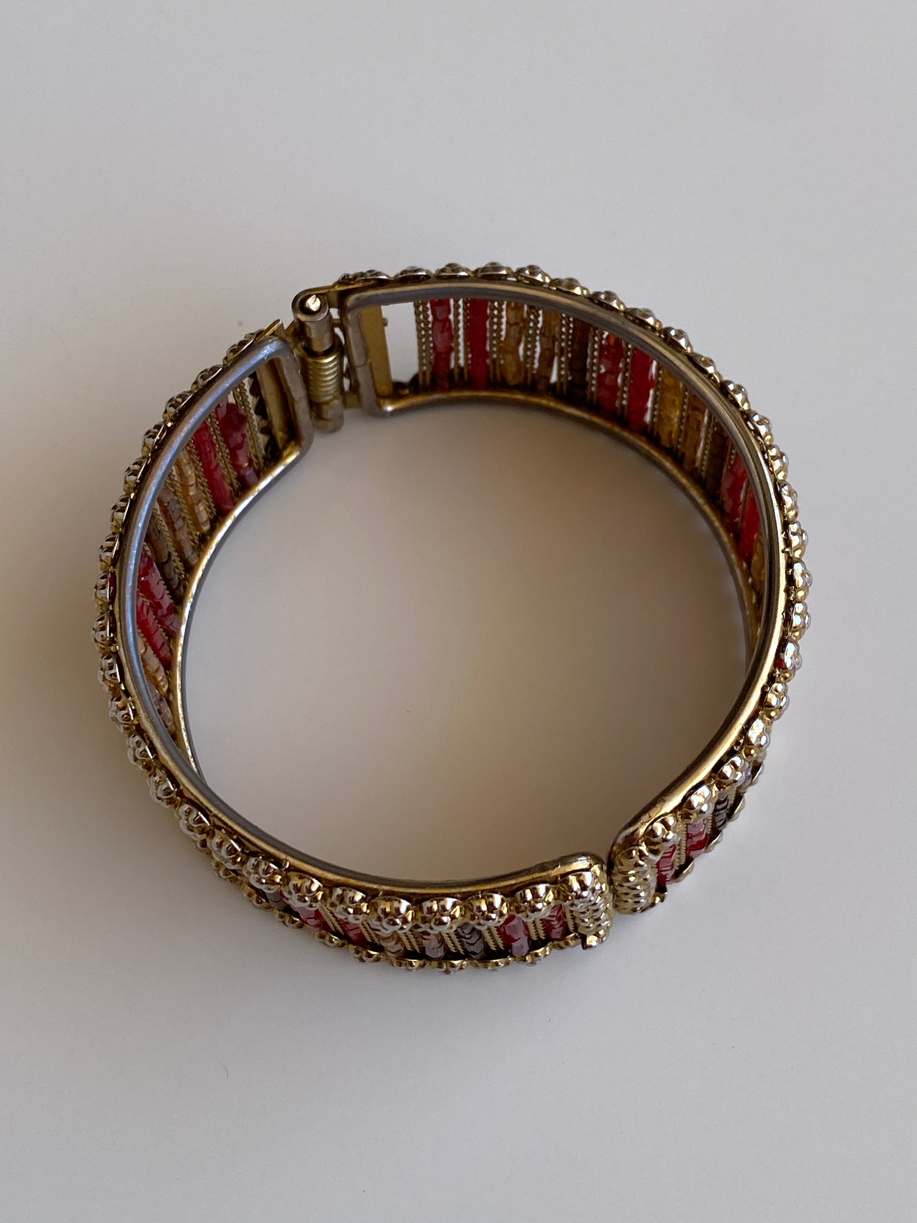 Vintage Gold-Tone Red & Amber Beaded Hinged Cuff Bracelet