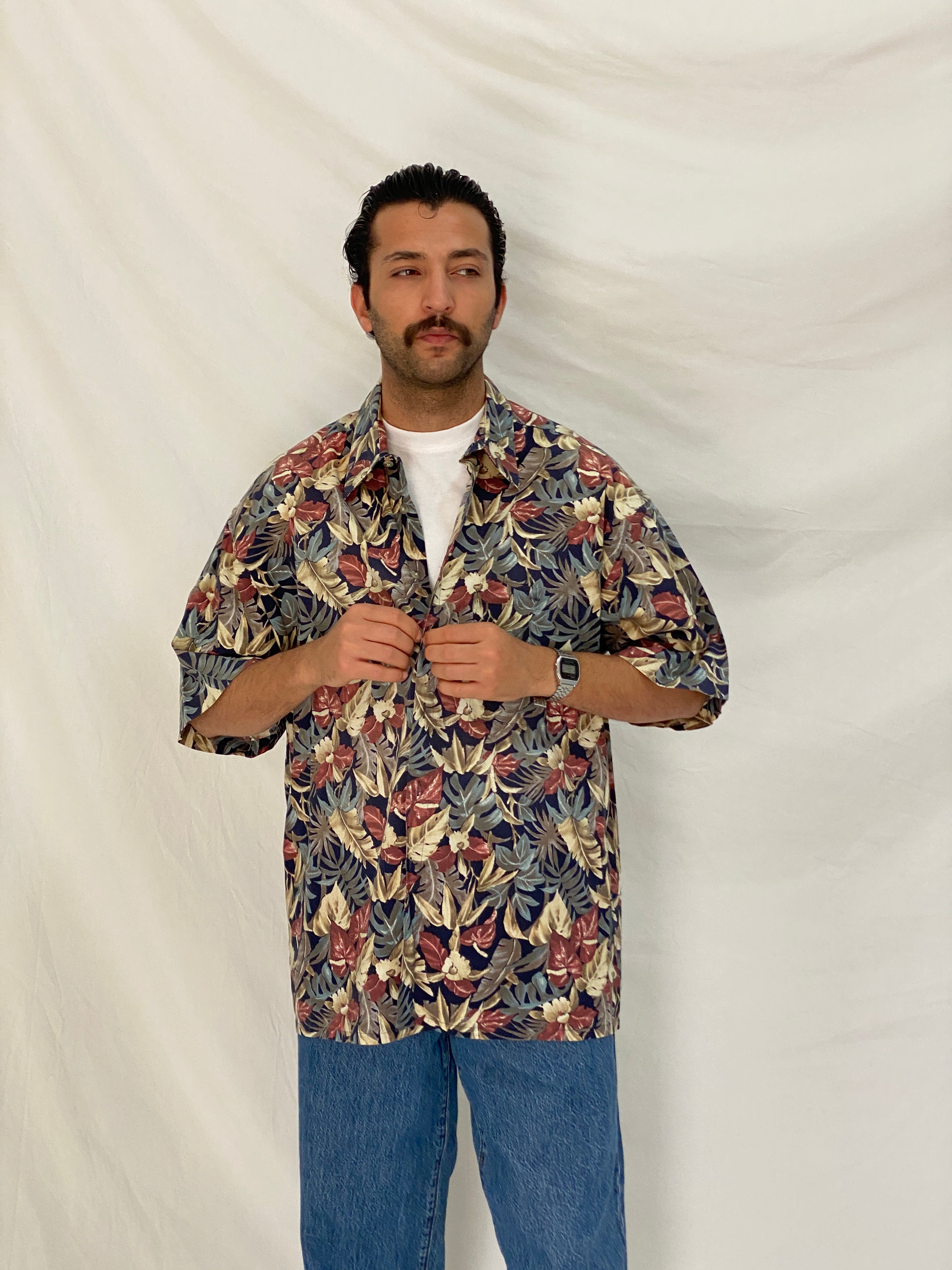 Vintage 90s Campia Moda Tropical Hawaiian Navy Floral Cotton Shirt - XL