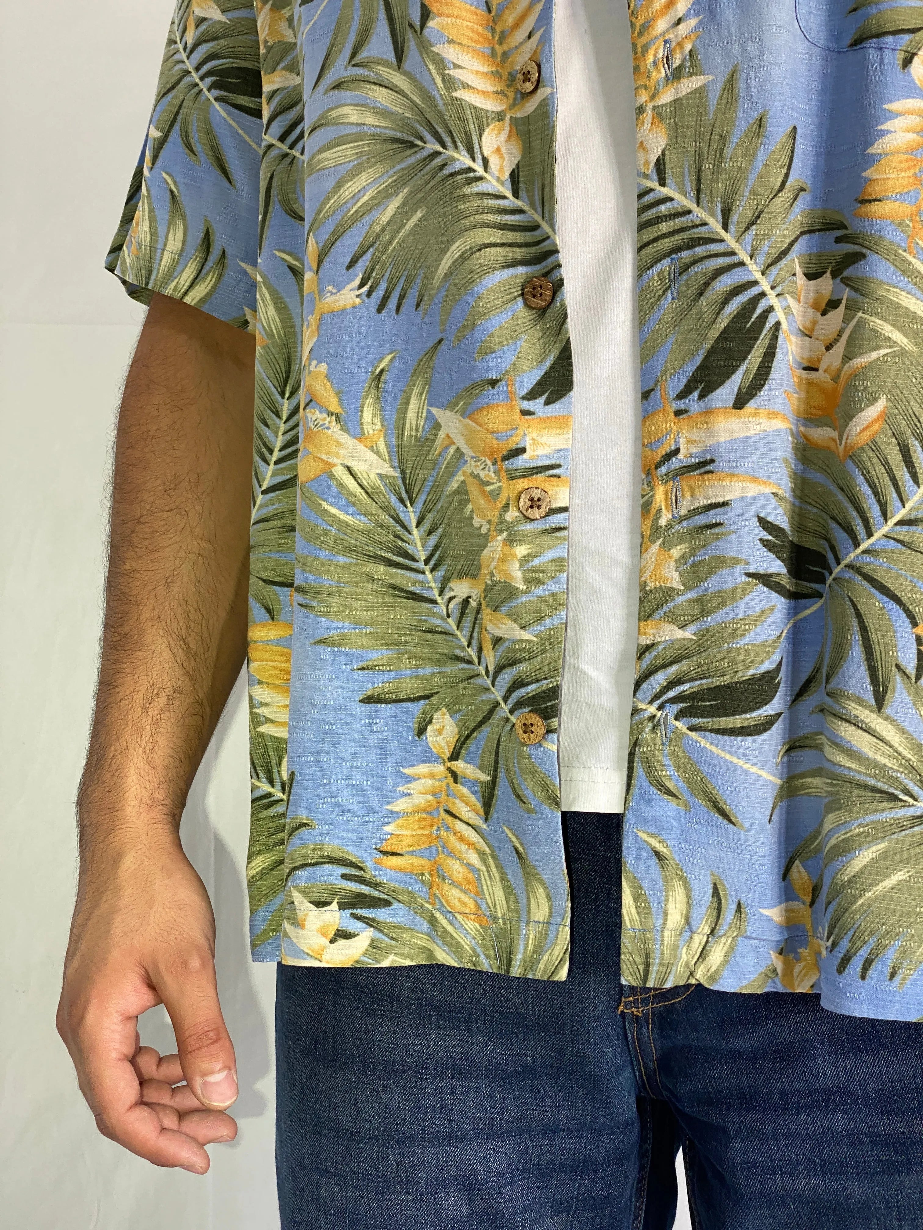 Caribbean Hawaiian Blue Tropical Palm Leaf Men’s Silk Shirt - XL