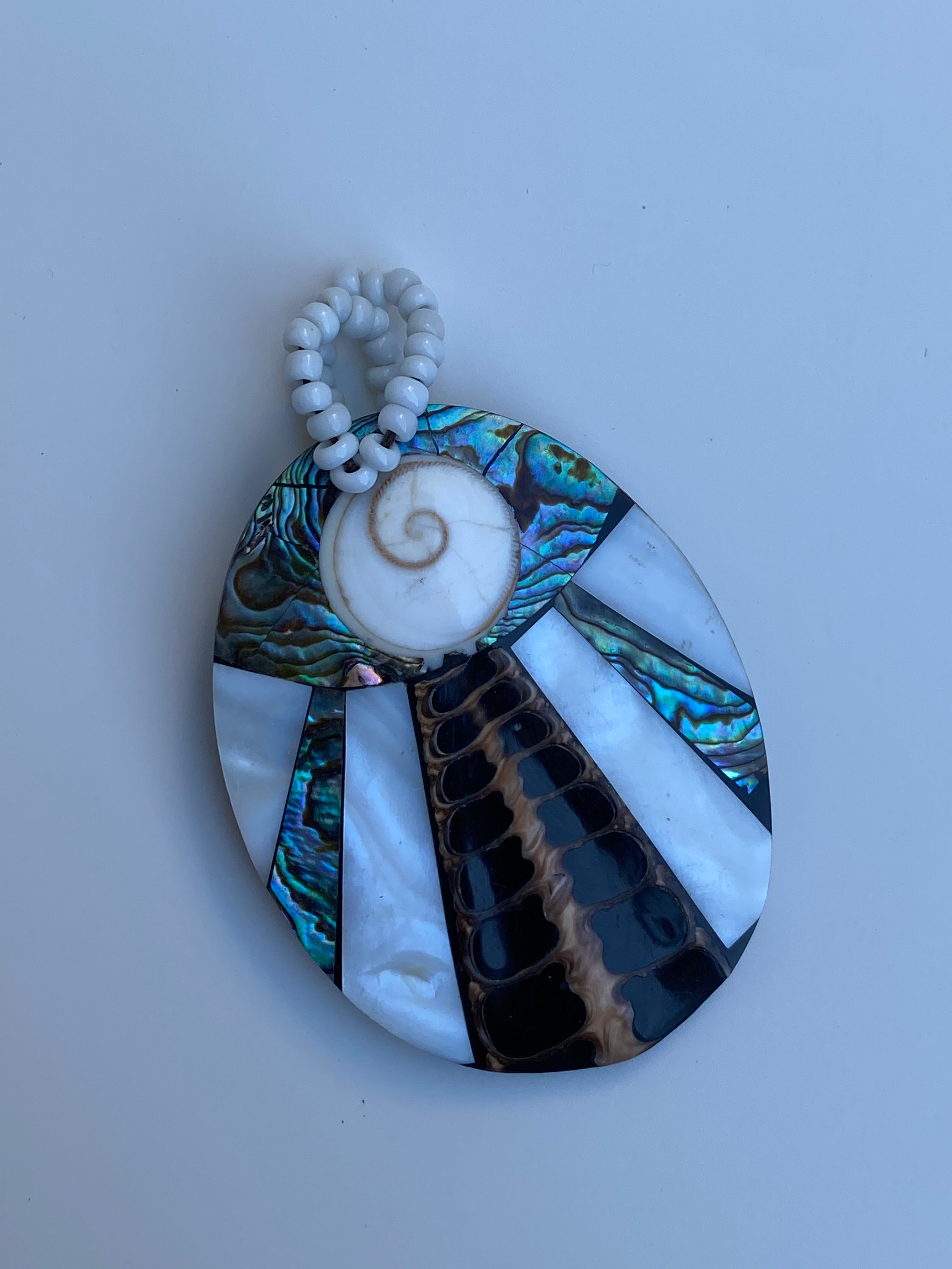 Vintage Abalone & Mother of Pearl Mosaic Pendant with Shiva Eye Shell