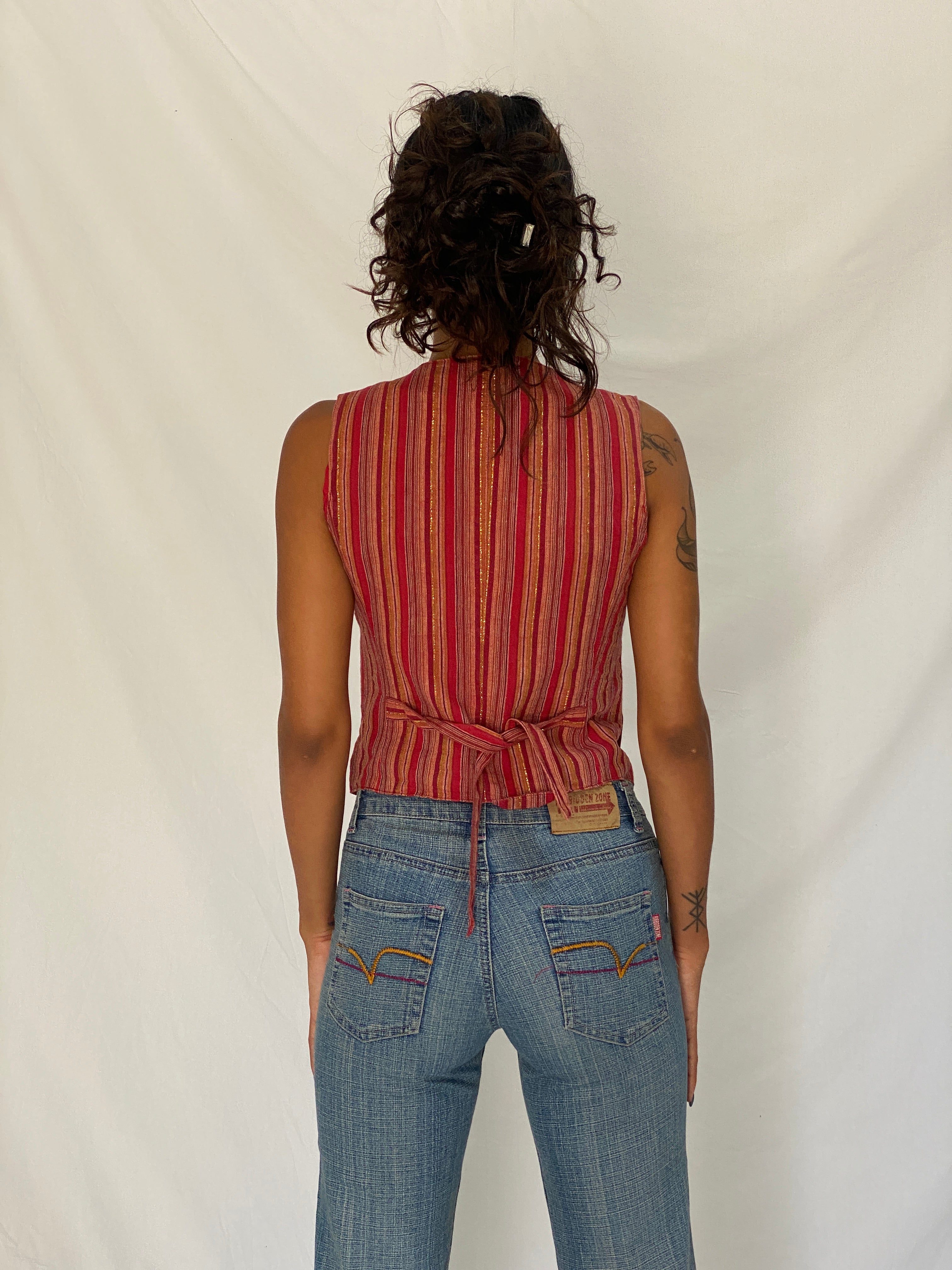 Vintage Y2K Petite Sophisticate Red Metallic Striped Cotton Blend Waistcoat Vest - S