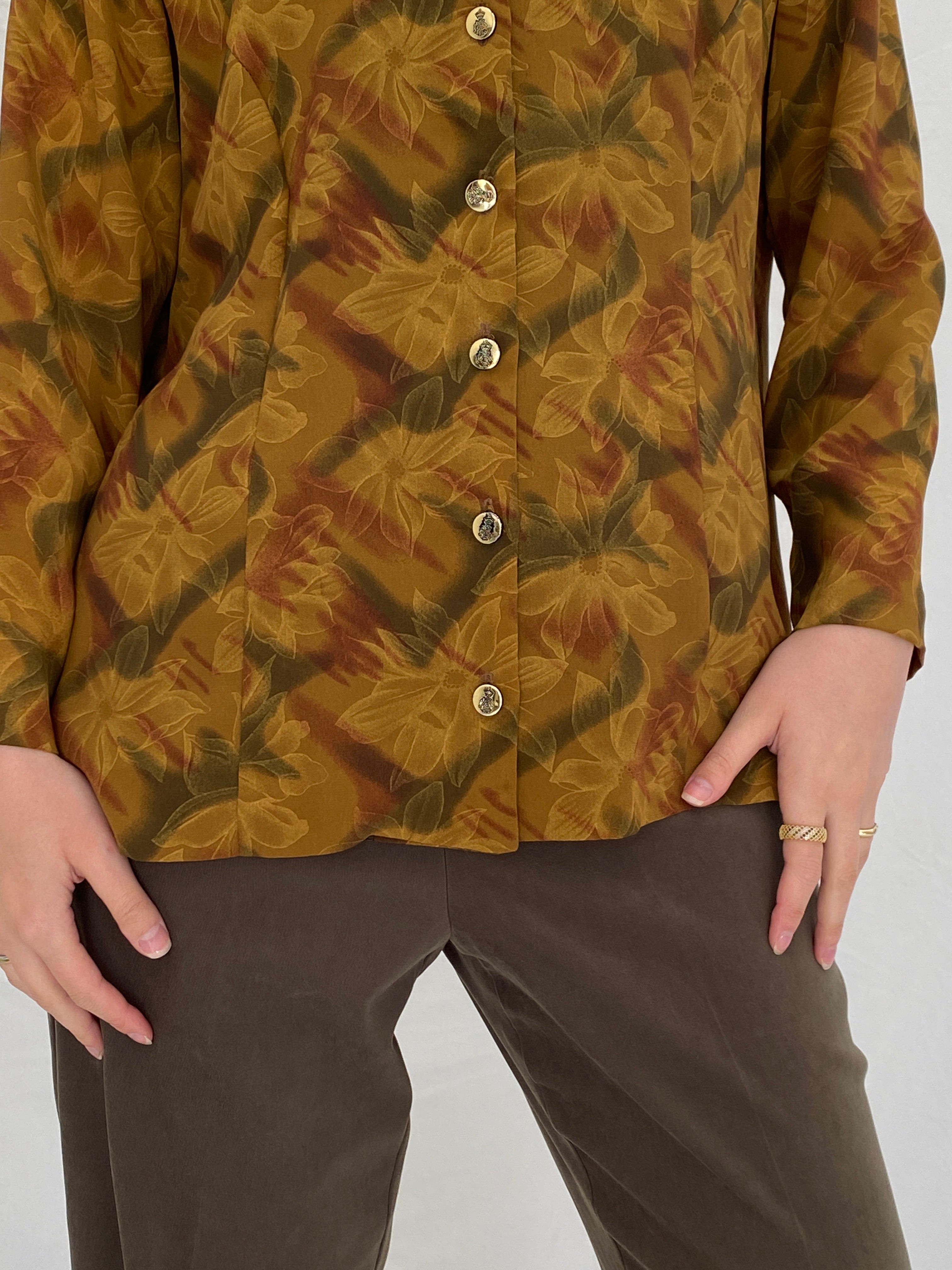 Vintage Handmade Floral Autumn Blouse Brown Mustard Button Front Long Sleeve Shirt - M