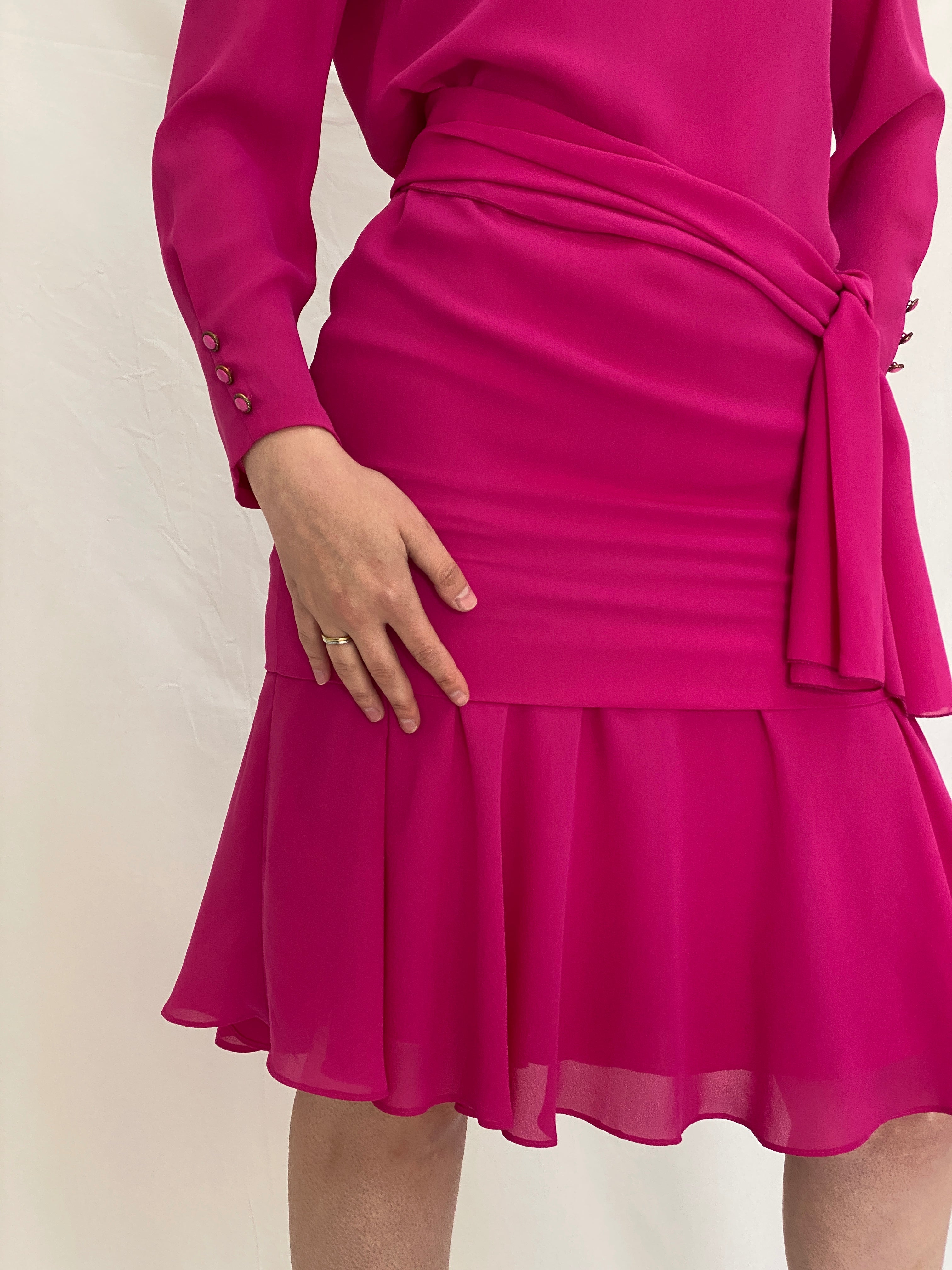Vintage 80s Henry-Lee Hot Pink Statement Shoulder Mini Dress - S