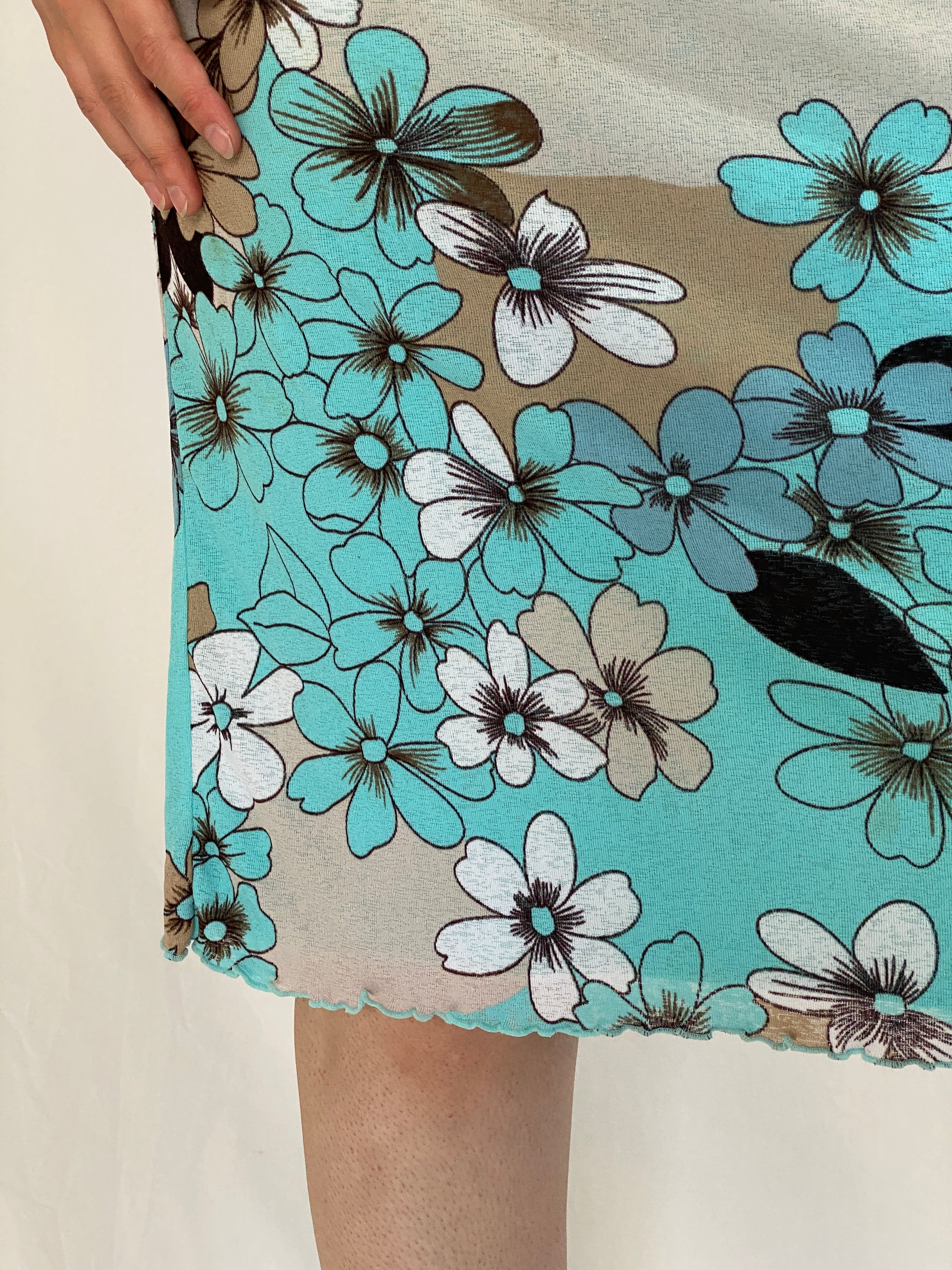 Vintage Y2K Aqua Blue & Beige Floral Print Stretch Midi Skirt - M