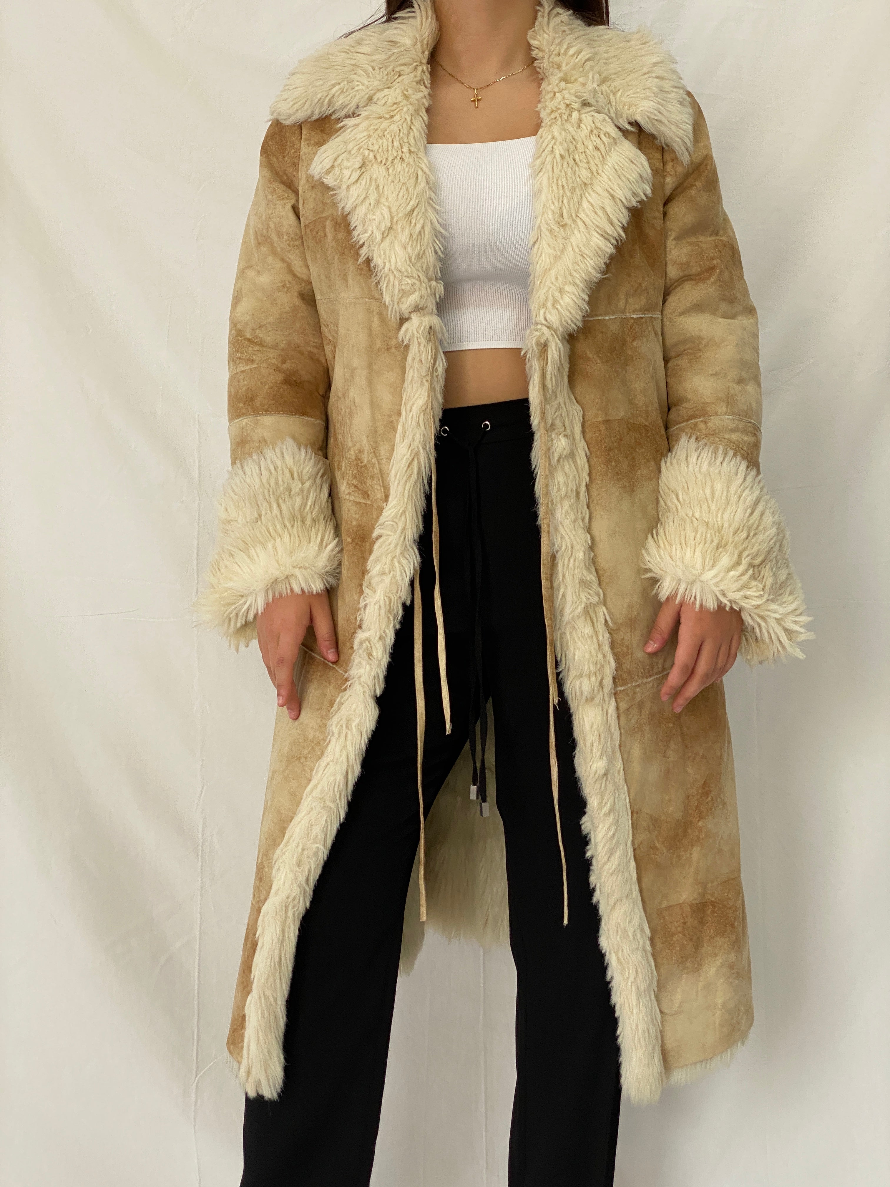 FREEHORN by Conbipel Faux Fur Lined Italian Genuine Leather Penny Lane Coat 70s Boho Jacket - XL