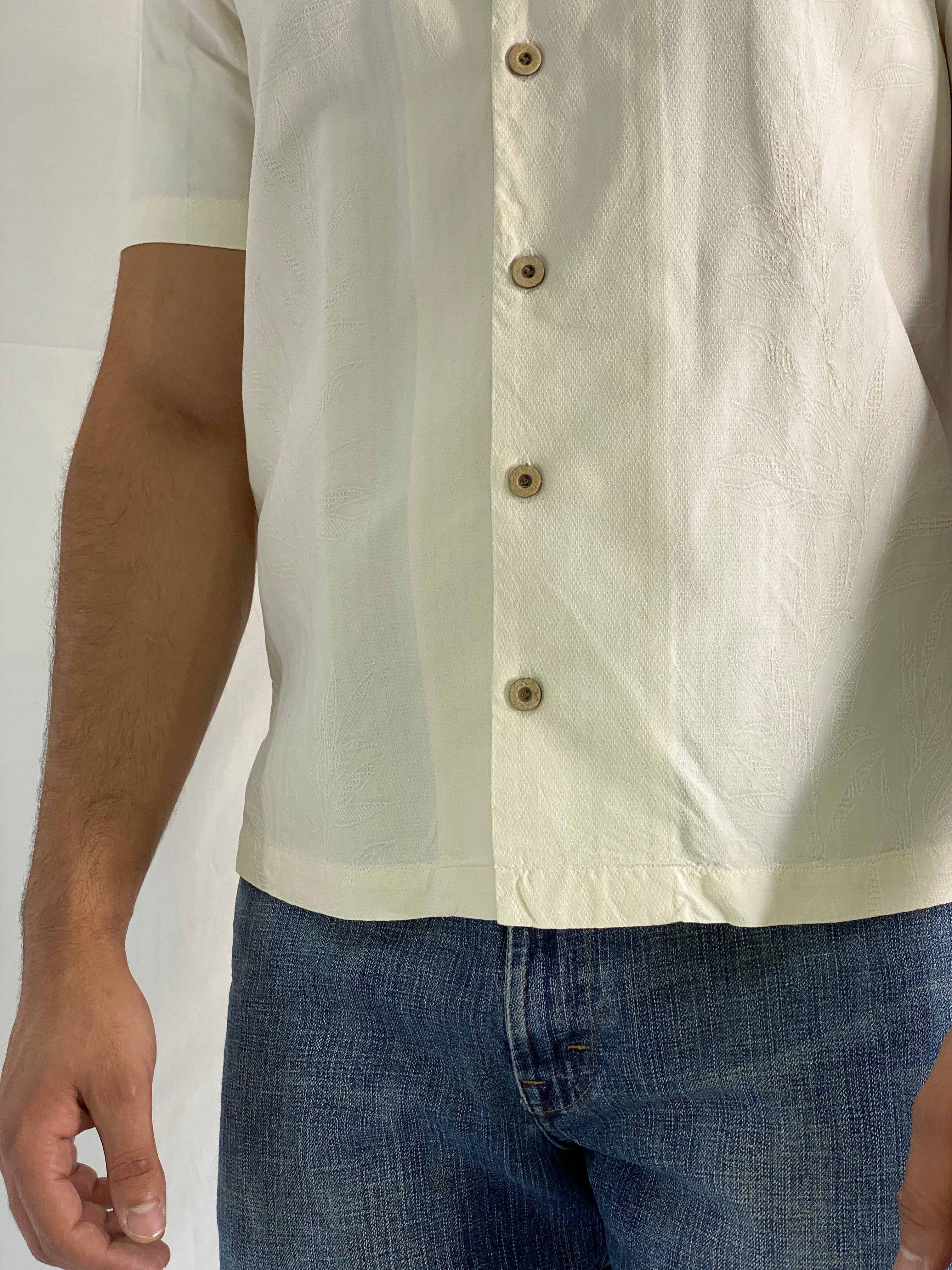 Vintage Tommy Bahama 100% Silk Cream Short Sleeve Jacquard Palm Print Shirt - M