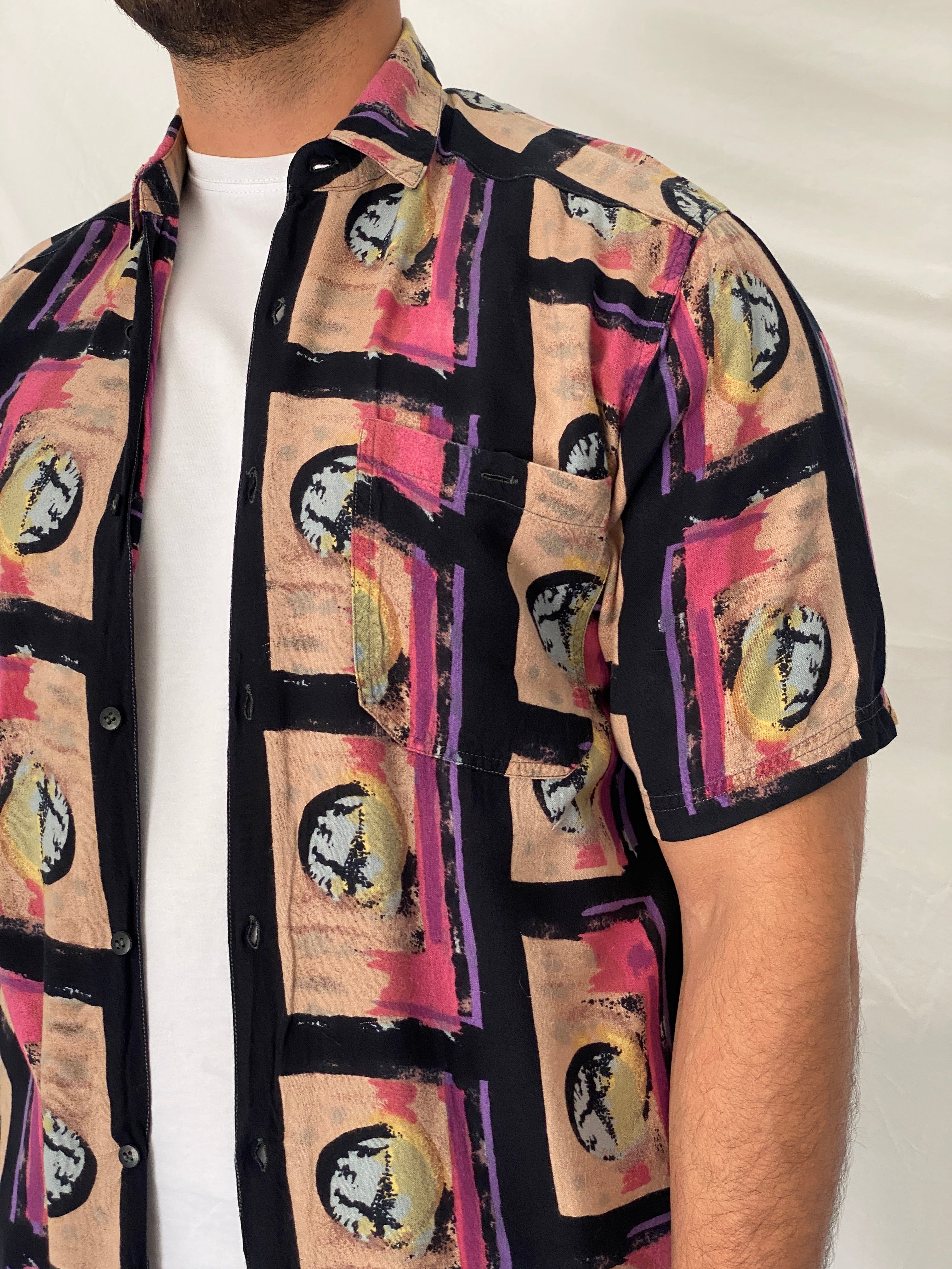 Vintage 90s Tribes Abstract Geometric Rayon Button-Up Shirt - M