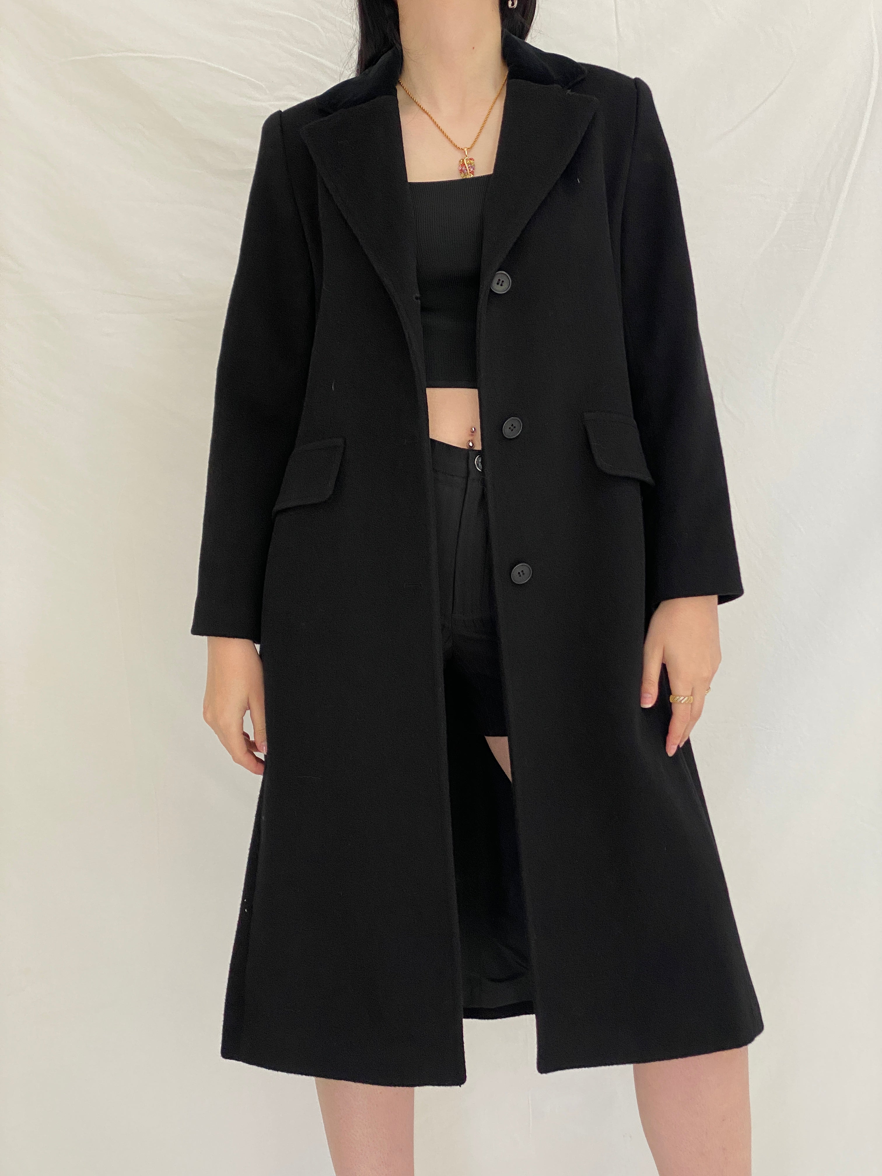 Vintage Albert Nipon Black Wool Classic Tailored Long Coat - S