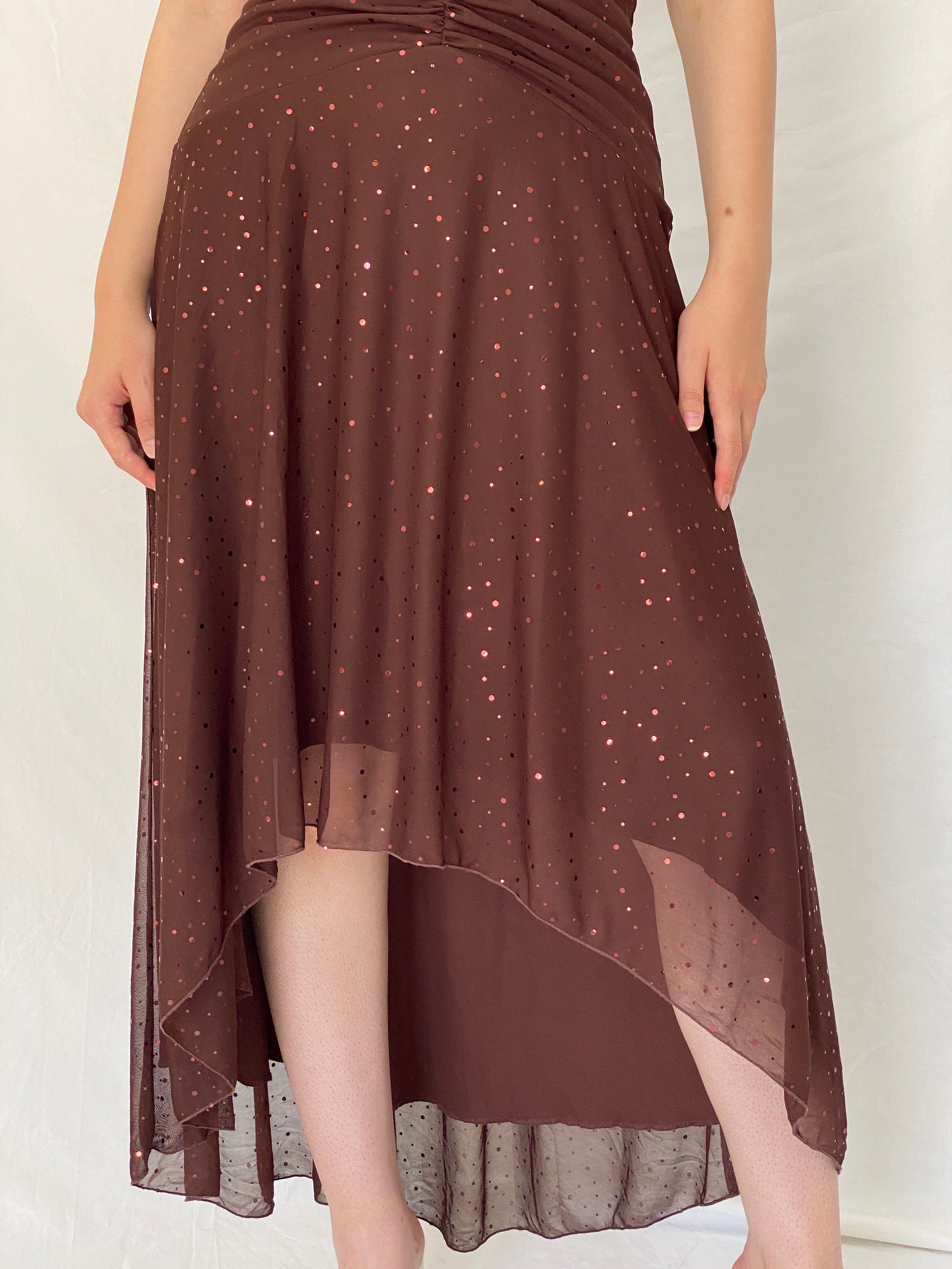 Vintage Y2K City Triangles Chocolate Brown Sequin Ruched Halter High-Low Maxi Dress - M