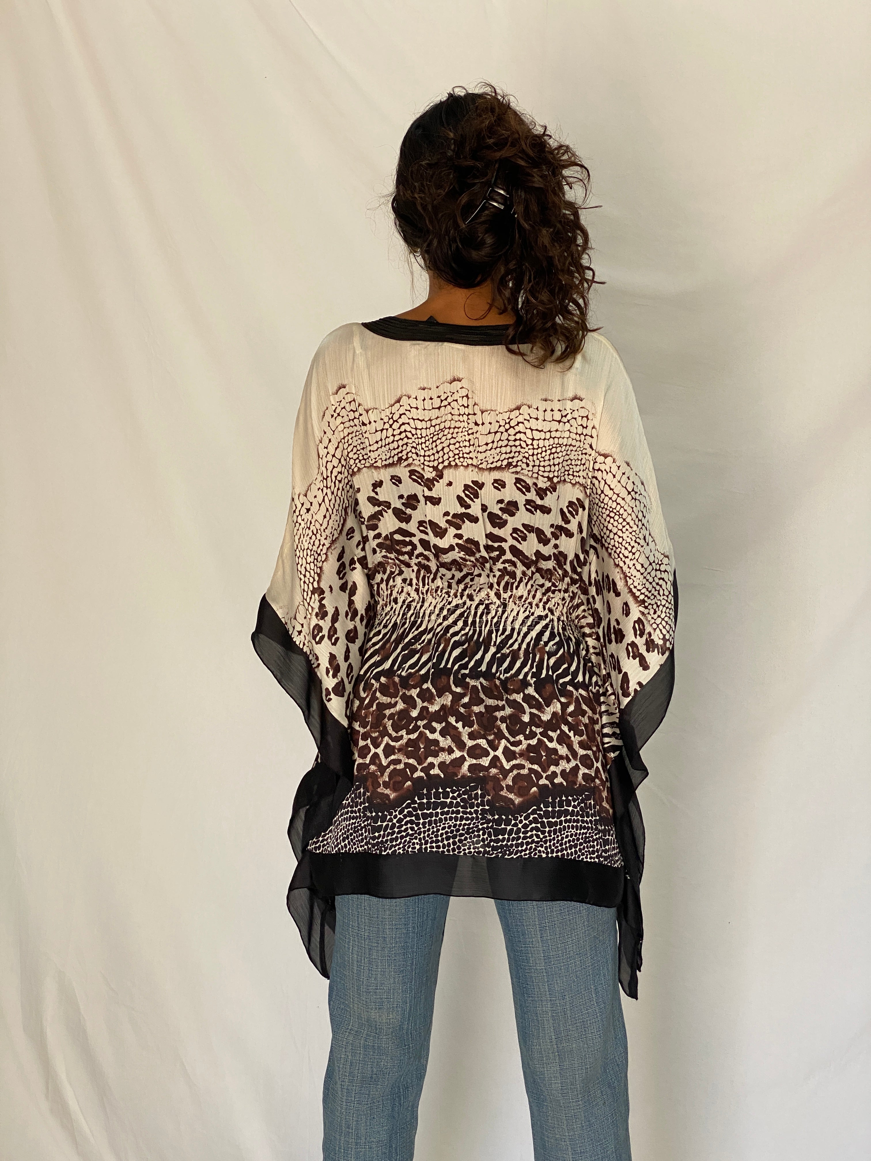 Vintage Y2K Kaelyn-Max Cream & Brown Animal Print Polyester Boho Kaftan Tunic Top - M