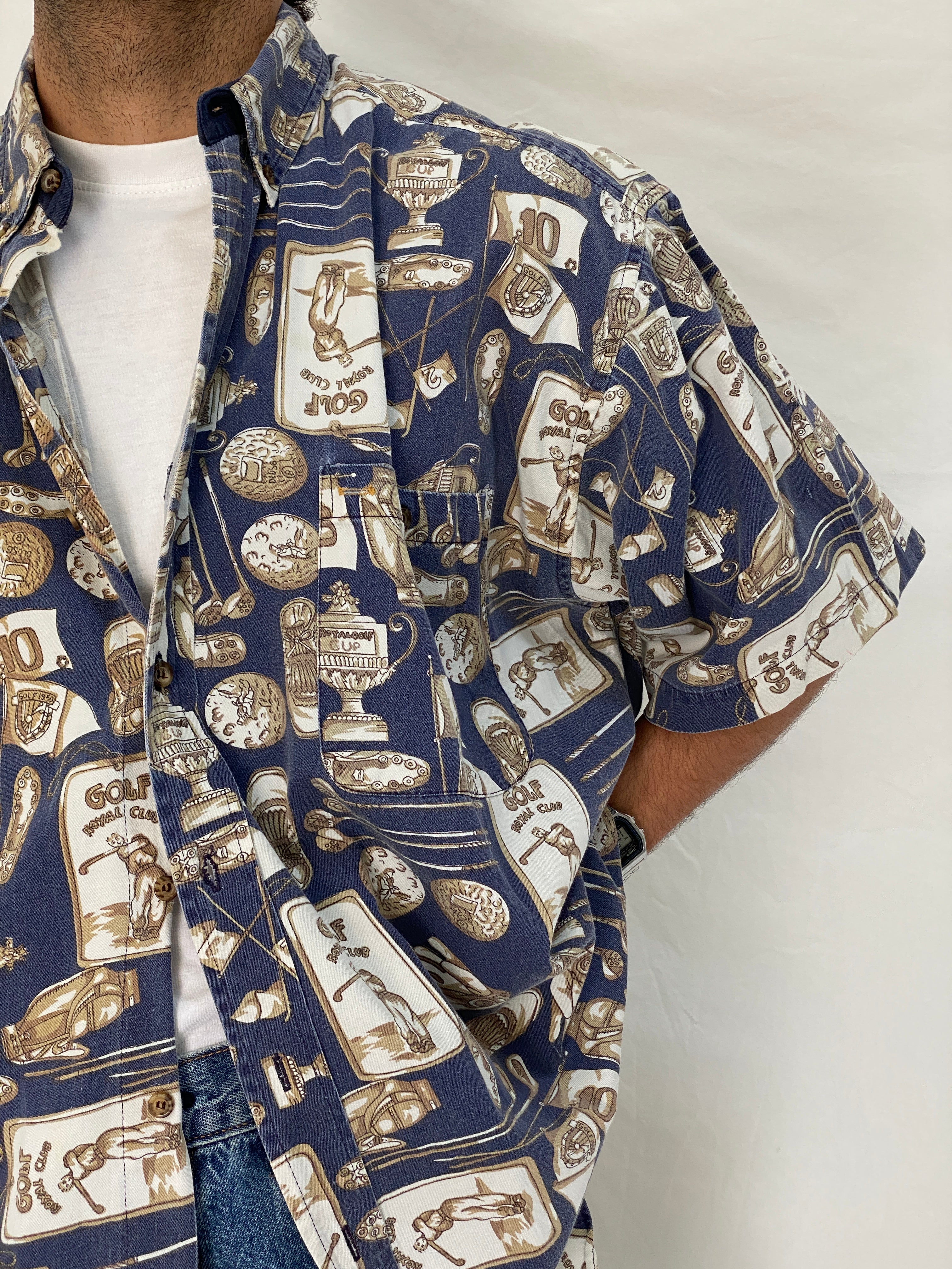 Vintage J.Riggings Golf Print Cotton Shirt Blue Beige Novelty Button Up – XL