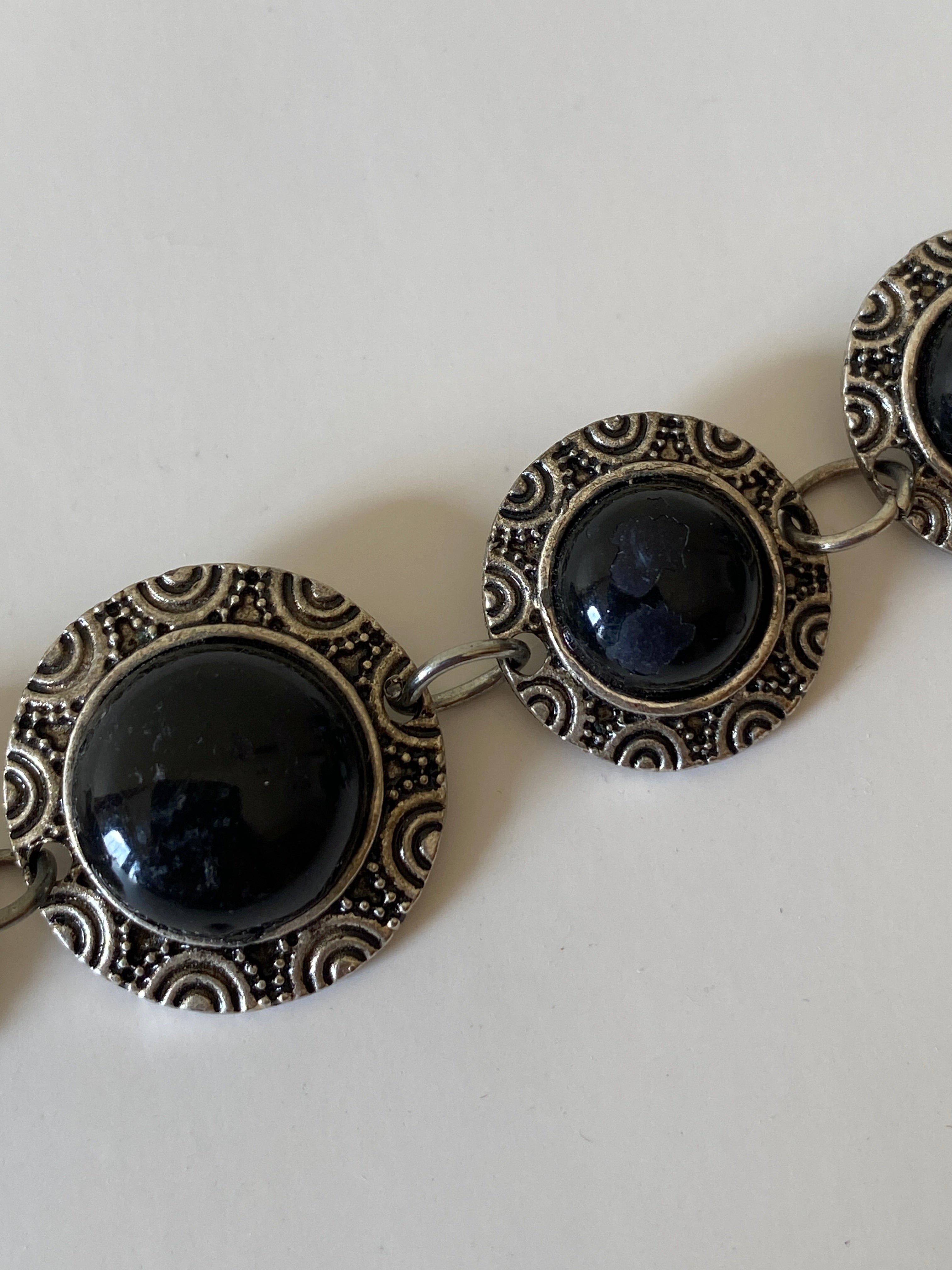 Vintage Silver Tone Black Cabochon Link Bracelet, Boho Statement Bracelet, Chunky Vintage Jewelry