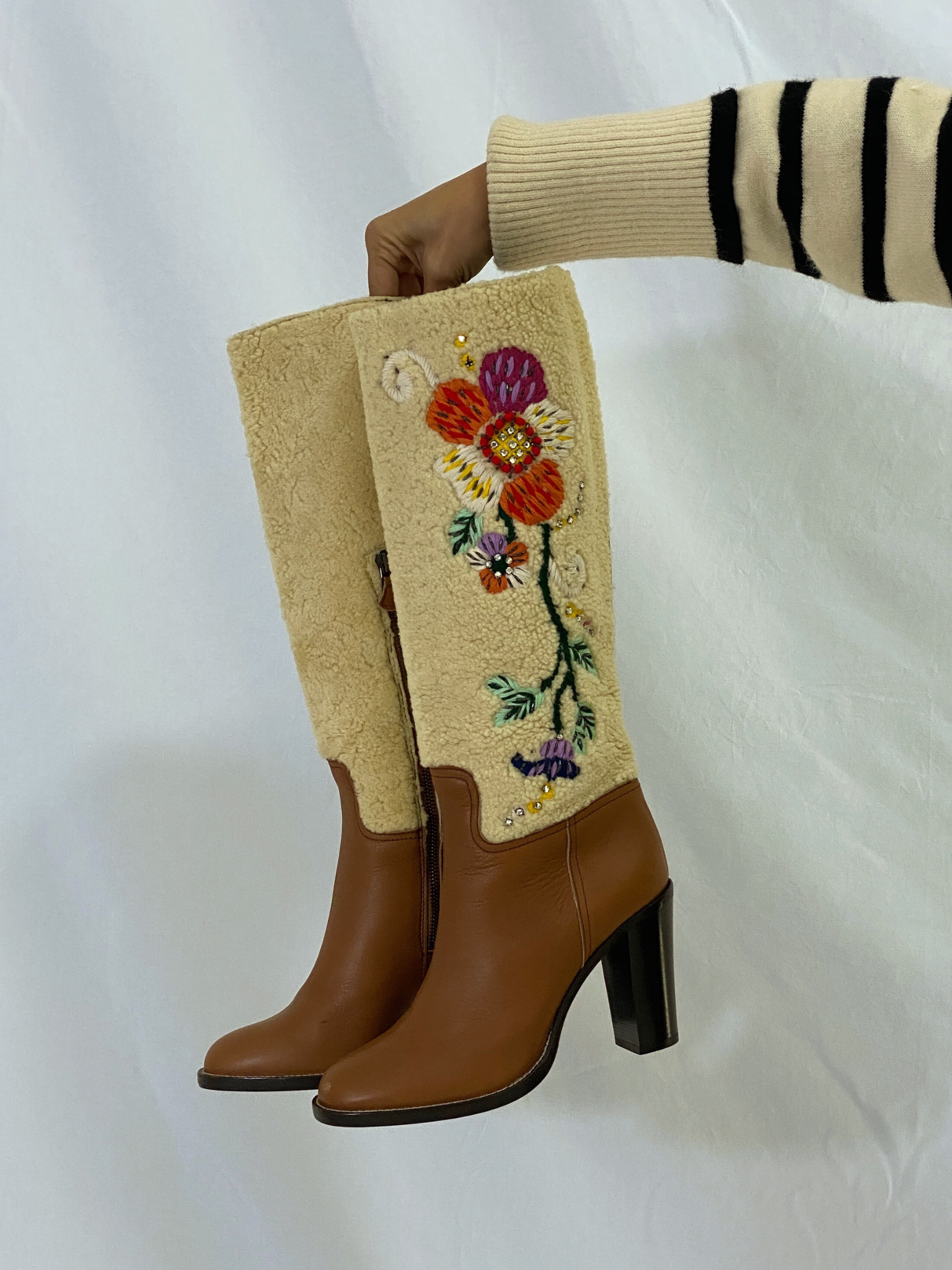 Vintage Miu Miu Brown Leather & Shearling Embroidered Knee-High Boots Block Heel - EU 38.5