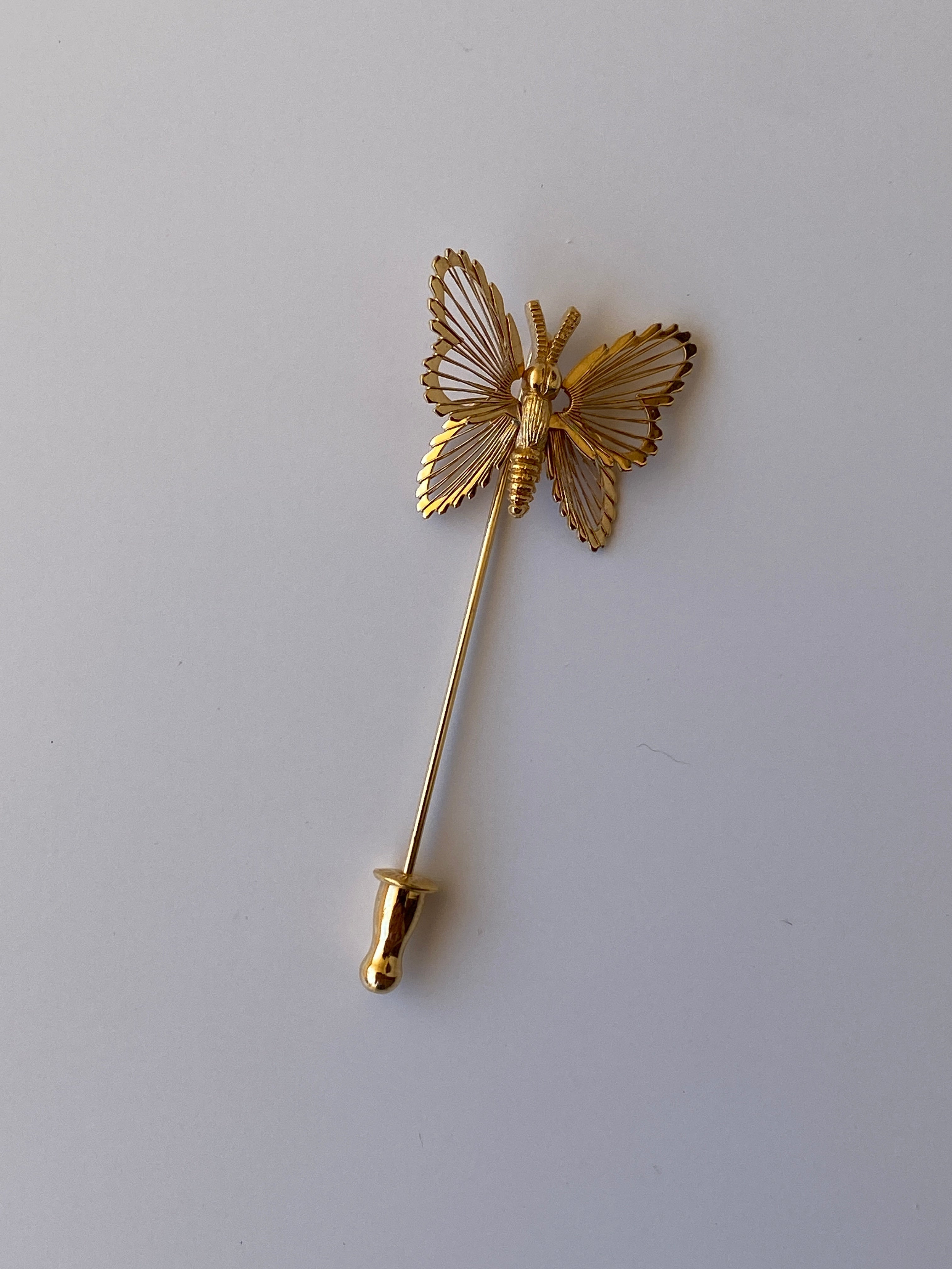 Vintage Monet Butterfly Stick Pin Gold Tone Filigree Insect Brooch