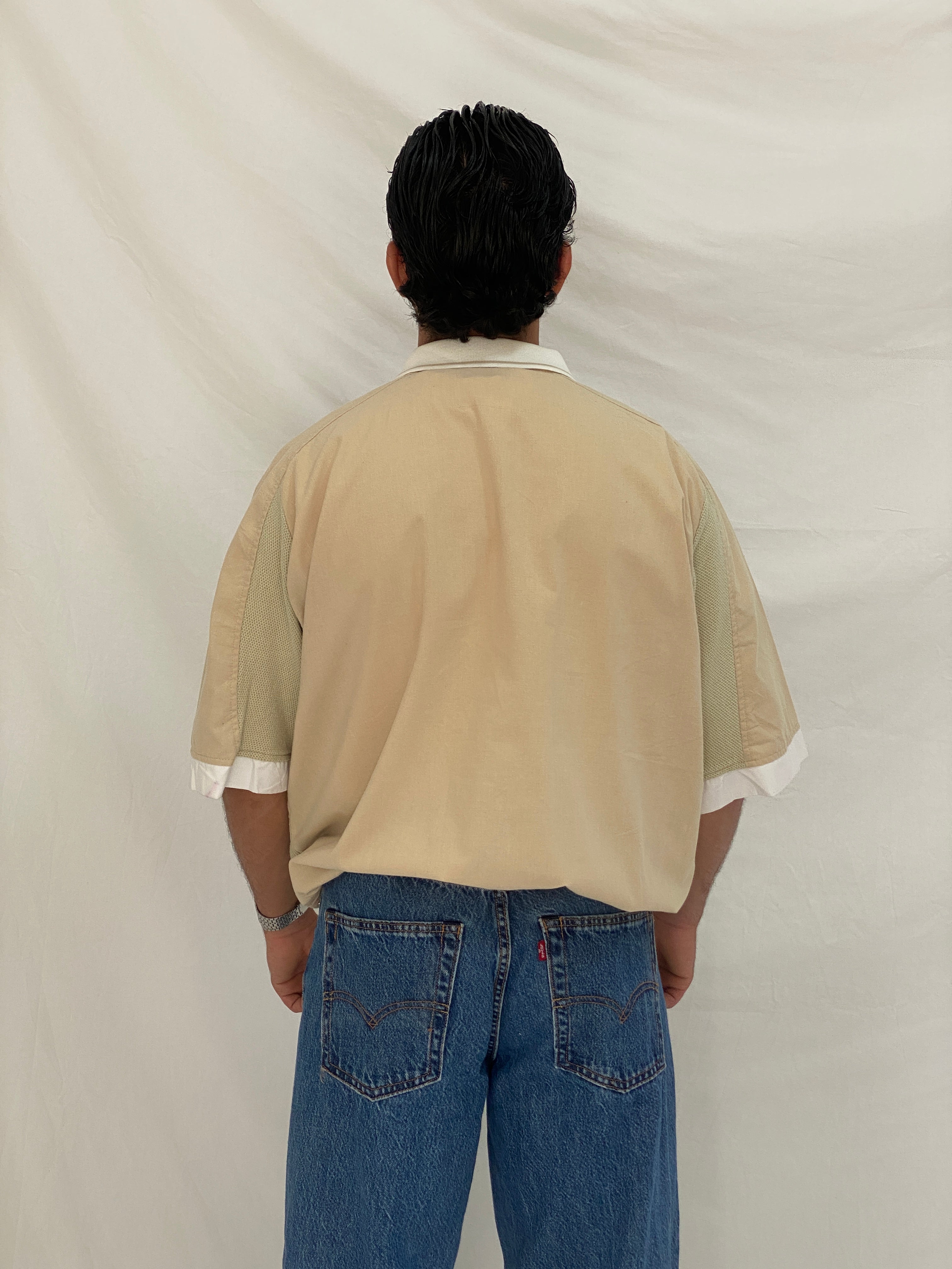 90s Beige Ribbed Elastic Waist Polo Top Minimalist Color Block Shirt – L