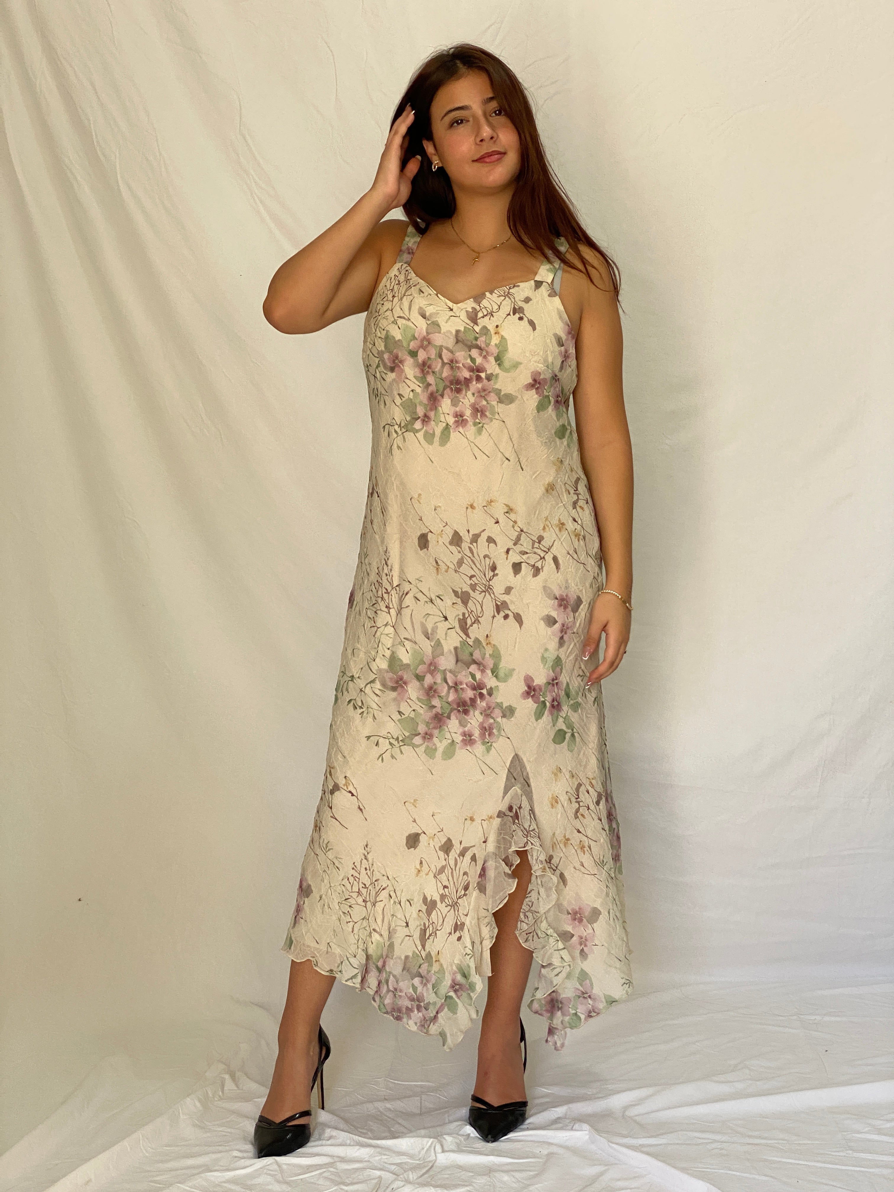 Vintage R&M Richards Ivory Floral Chiffon Handkerchief Hem Maxi Dress – L