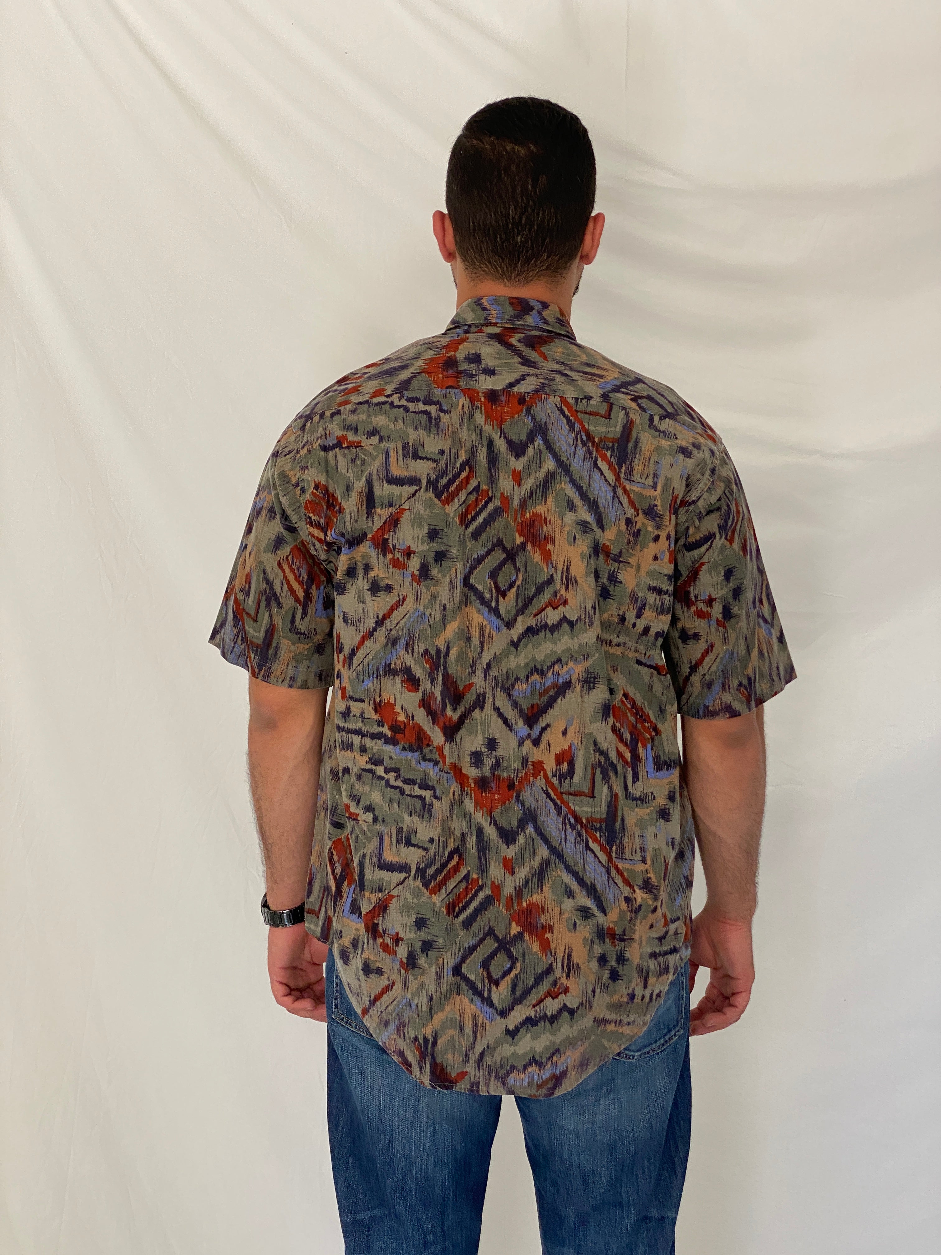 Vintage Bachrach Abstract Short Sleeve Olive Cotton Blend Shirt – L