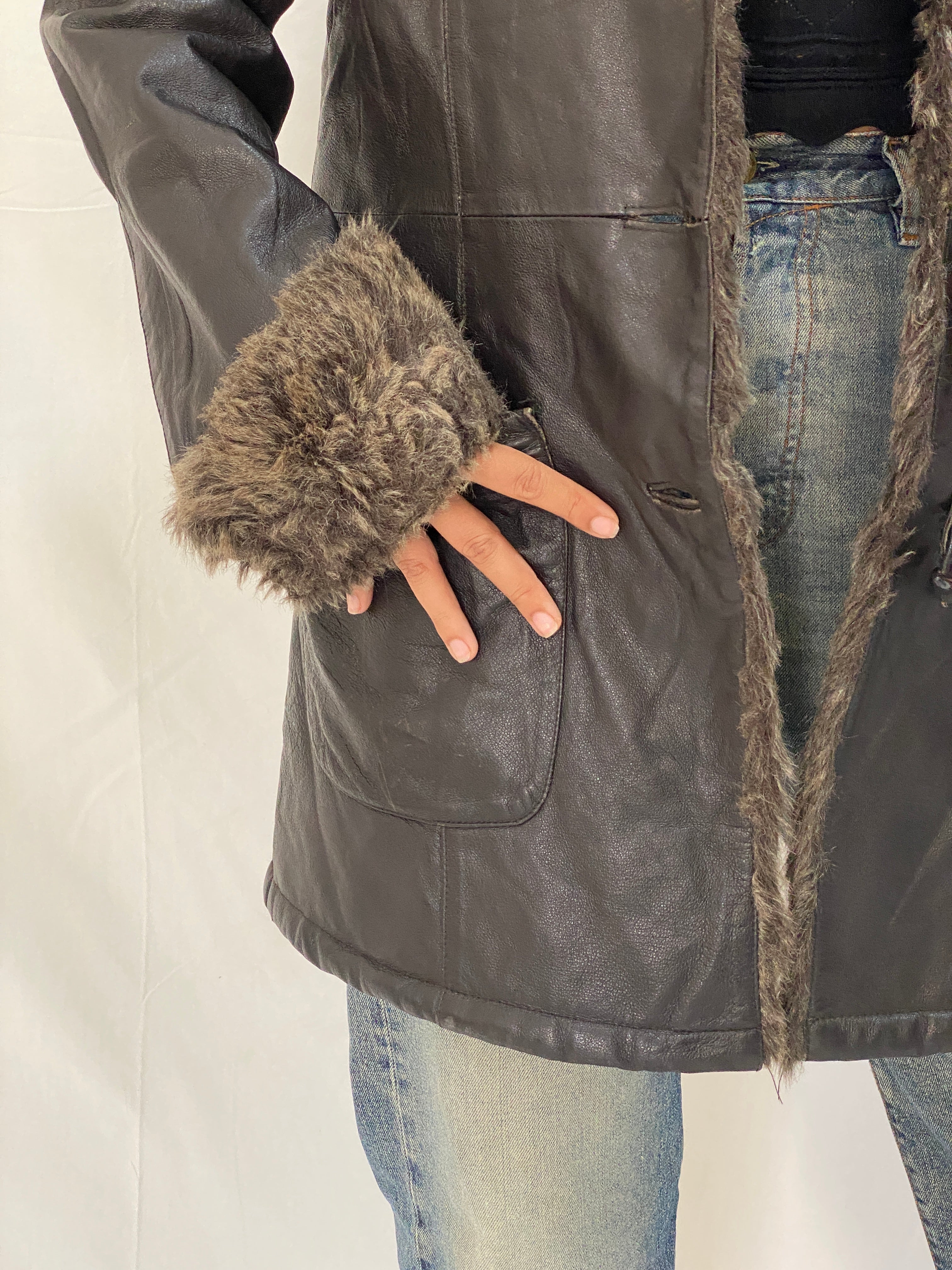 Vintage Genuine Leather Coat with Faux Fur Collar & Cuffs 70s Style Shearling Lined Brown Jacket - XL