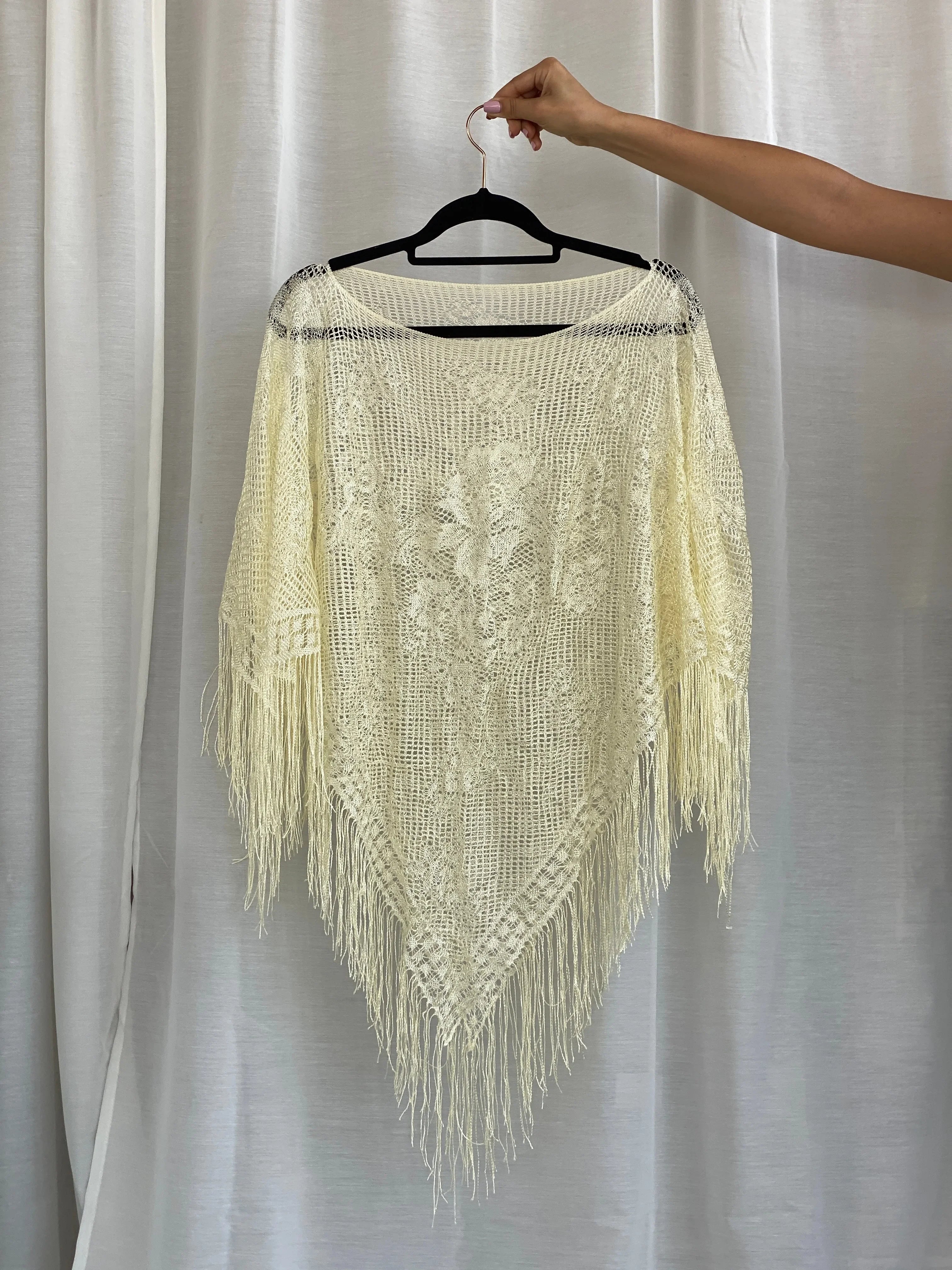 Cream Crochet Fringe Shawl – Boho Poncho Style Open Knit Wrap