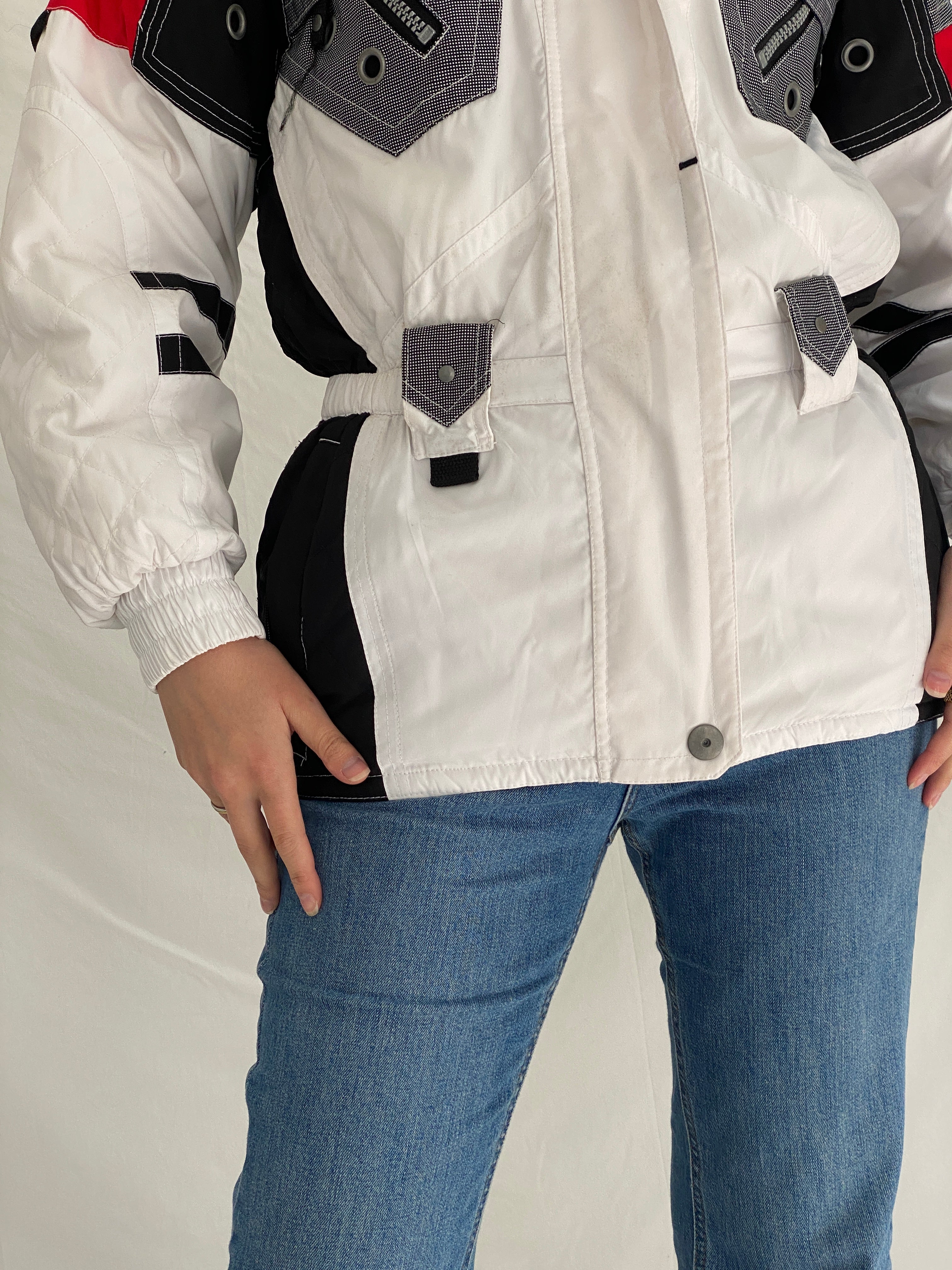 Vintage 90s Rodeo Colorblock Ski Jacket Retro White Black Red Windbreaker - S