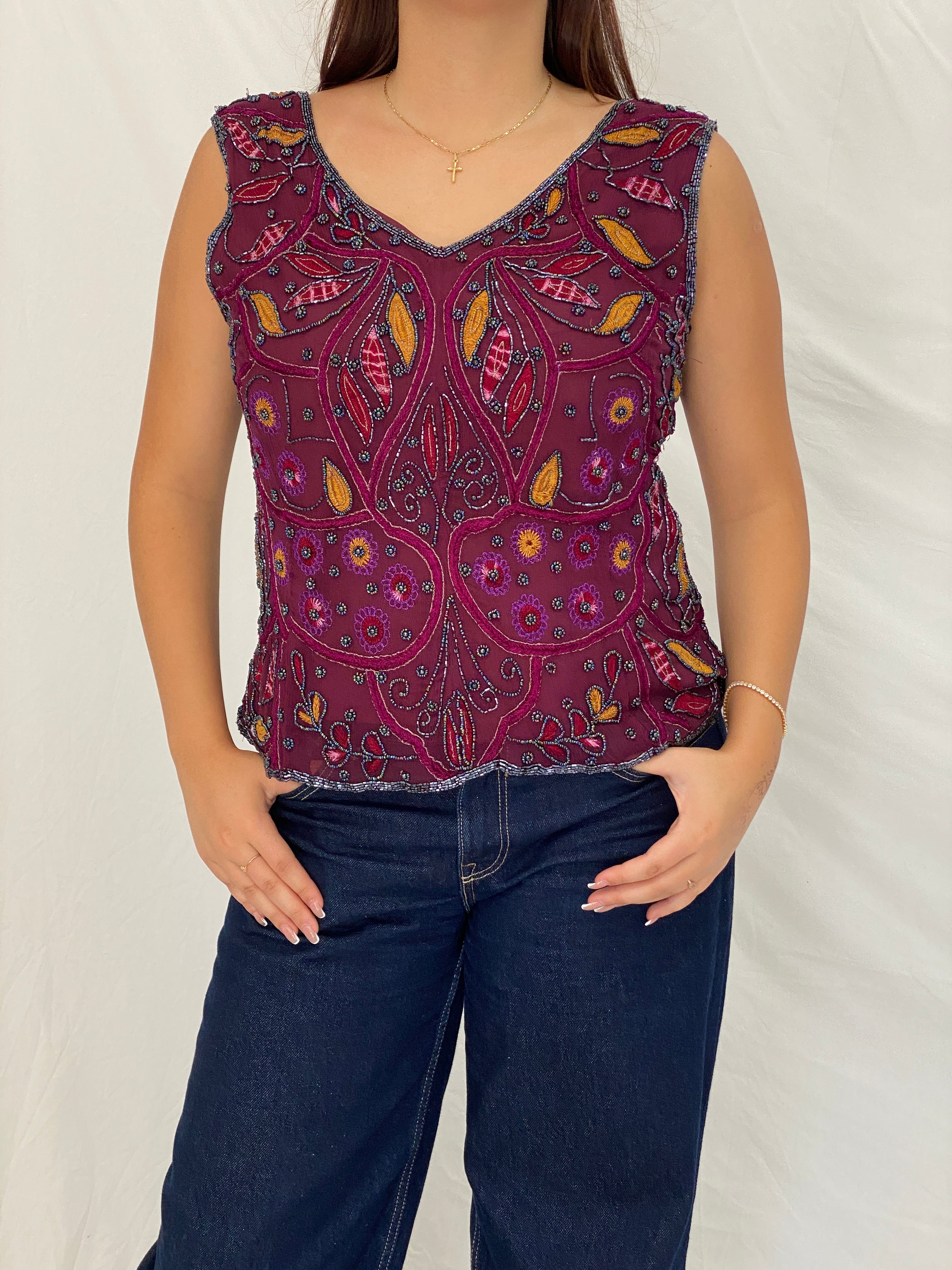 Vintage Beaded Embroidered Burgundy Handmade Evening Top - L