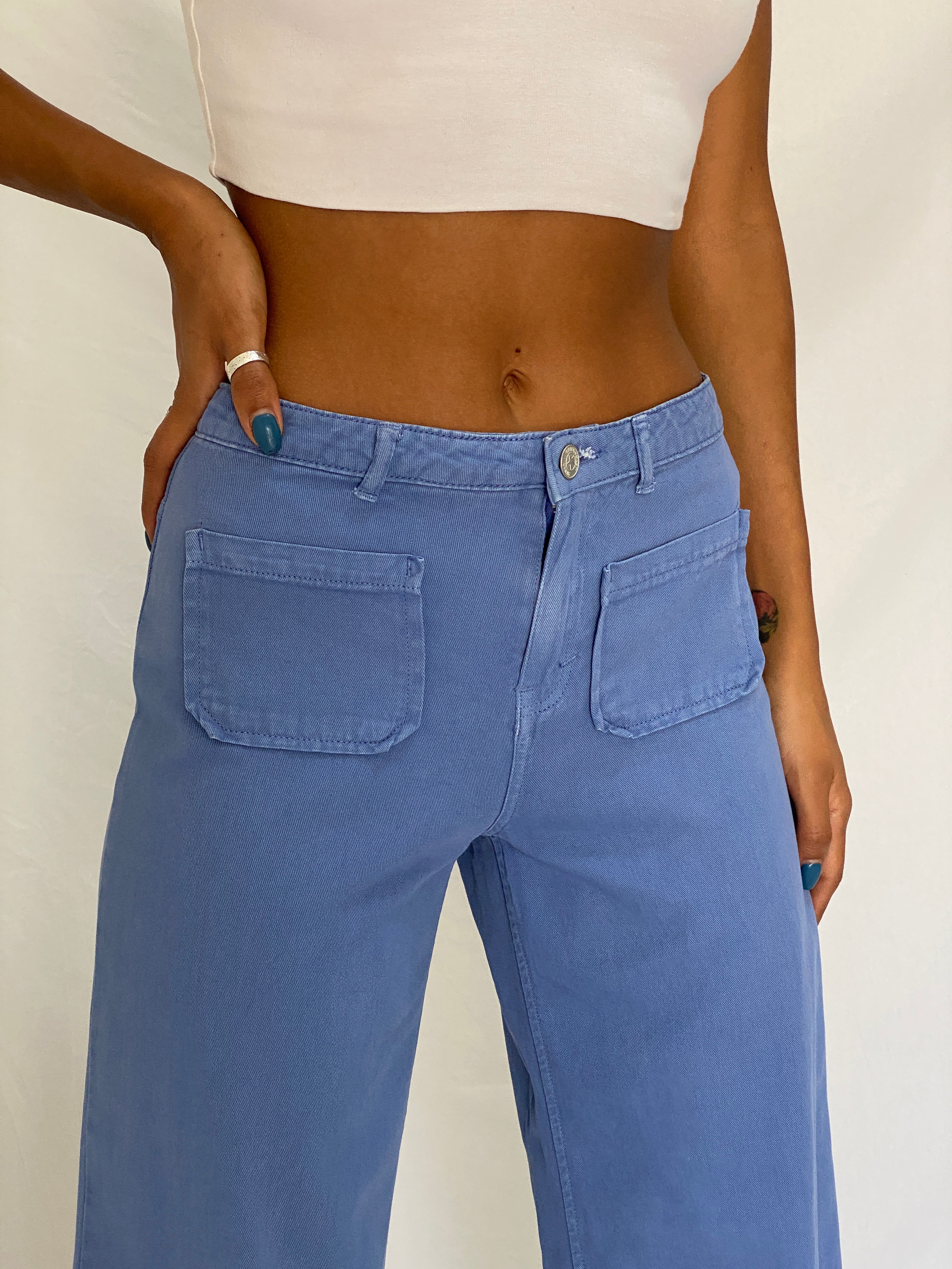 Vintage 90s Green Coast Blue Cotton Utility Wide Leg Pants - S