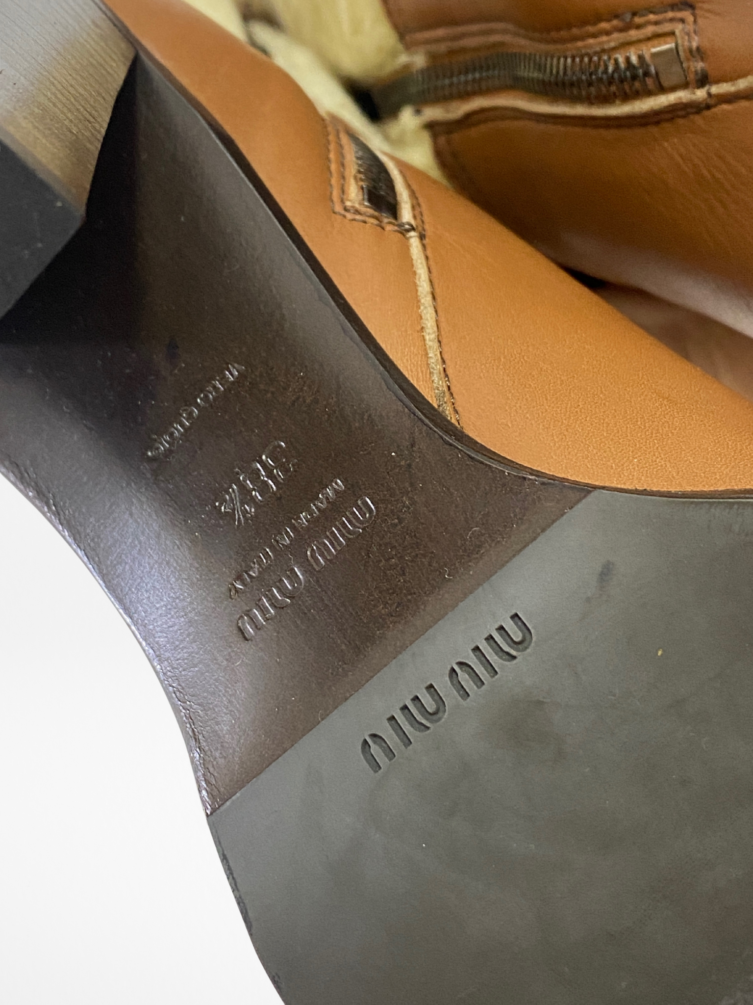 Vintage Miu Miu Brown Leather & Shearling Embroidered Knee-High Boots Block Heel - EU 38.5