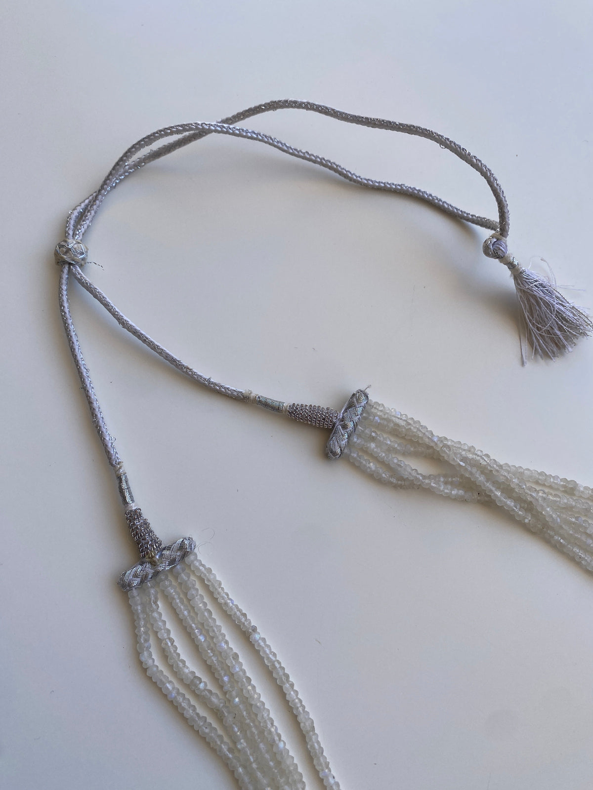 Vintage Y2K White Iridescent Multi-Strand Beaded Tassel Necklace