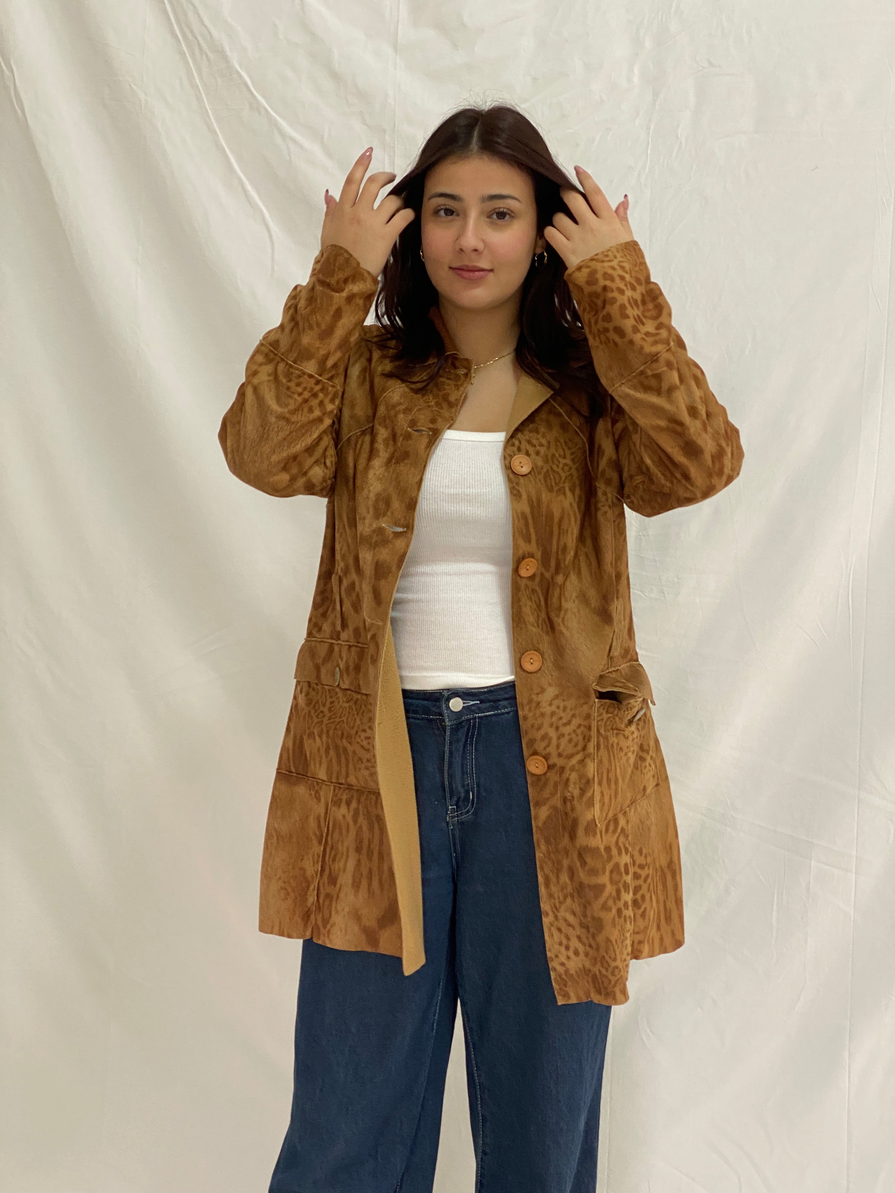 Vintage JIA YAO Leopard Print Faux Suede Longline Light Coat Button-Up Jacket – XL