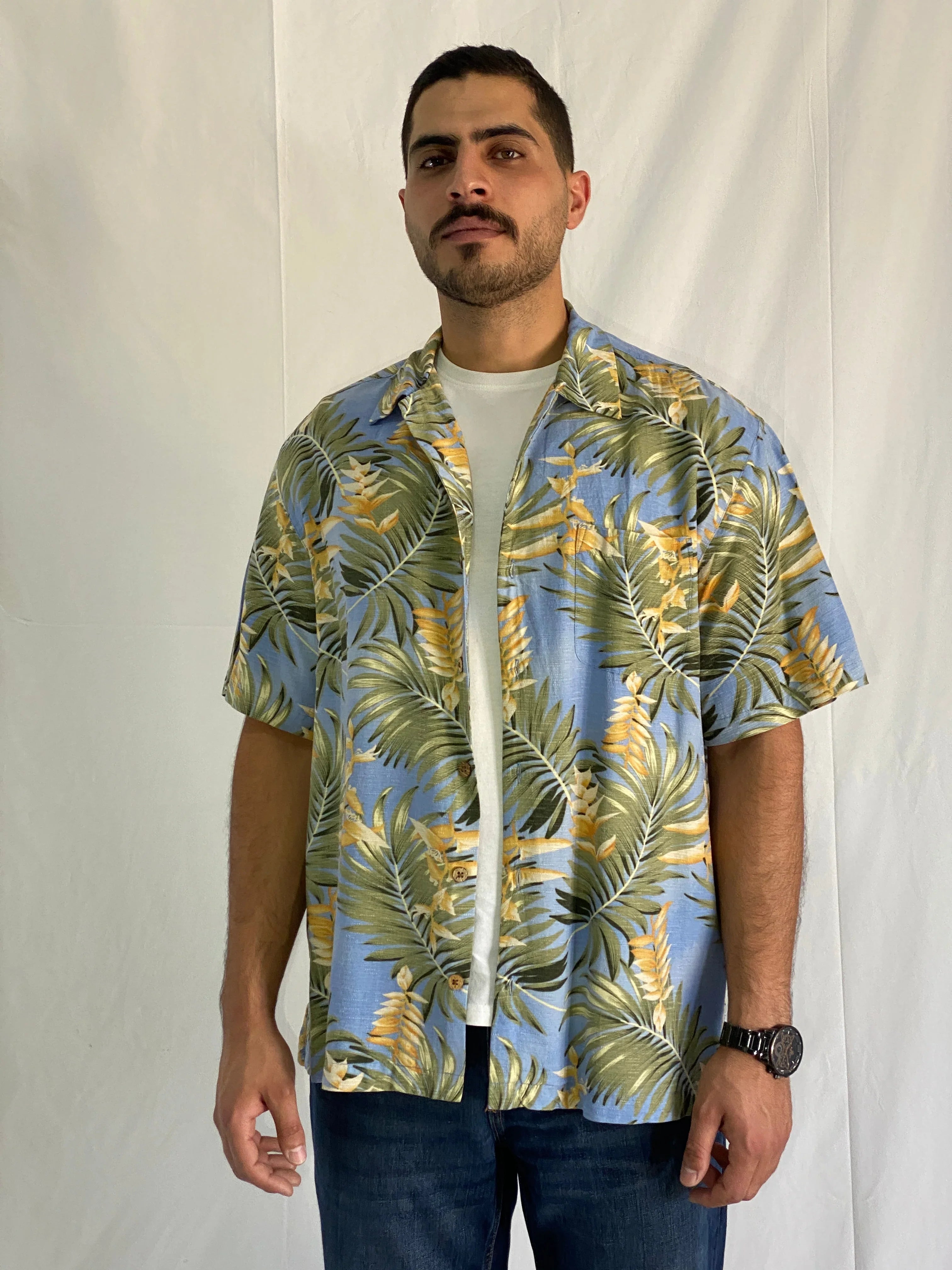 Caribbean Hawaiian Blue Tropical Palm Leaf Men’s Silk Shirt - XL