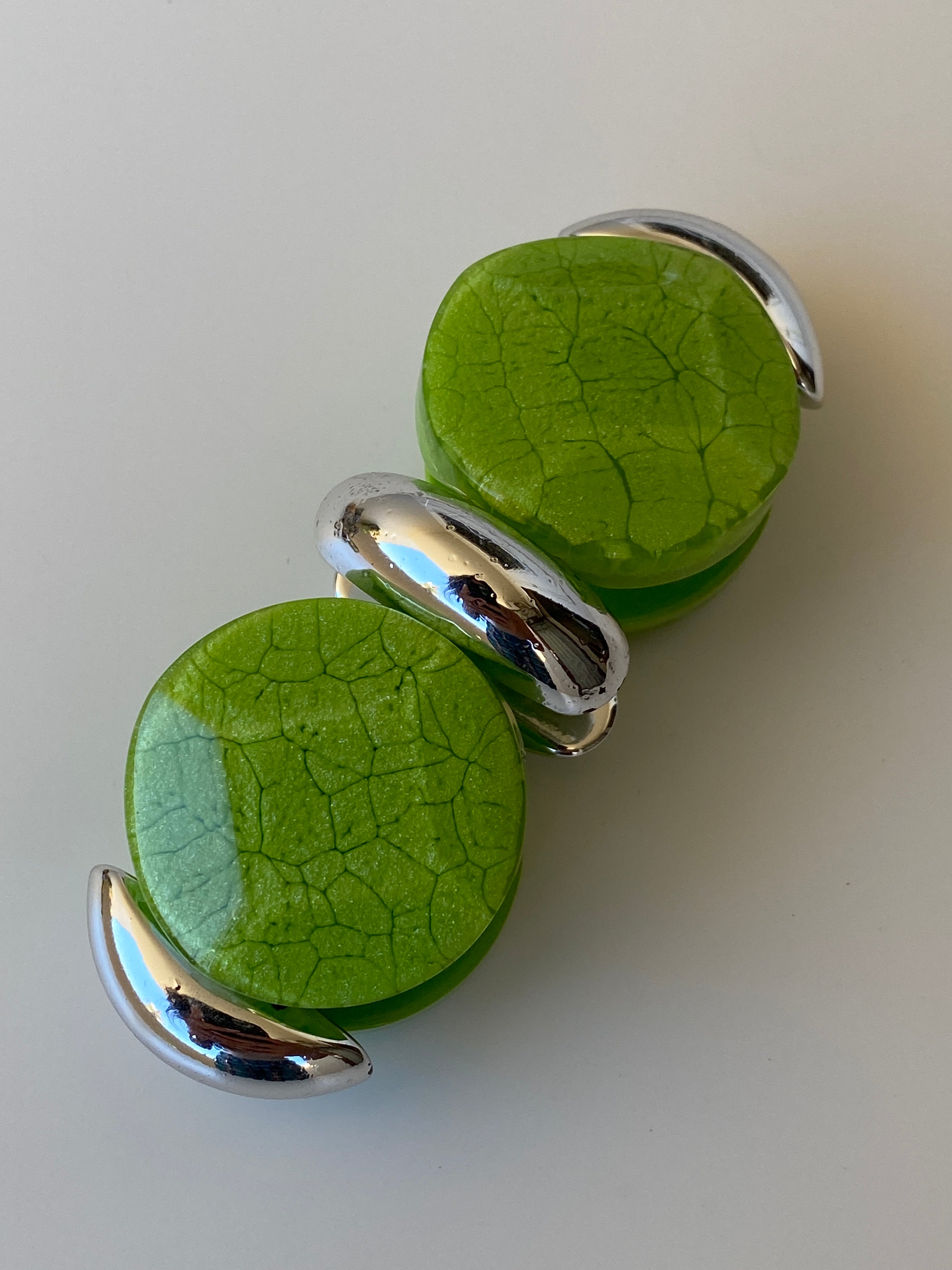 Y2K Green Resin & Silver-Tone Stretch Bracelet Statement Bangle