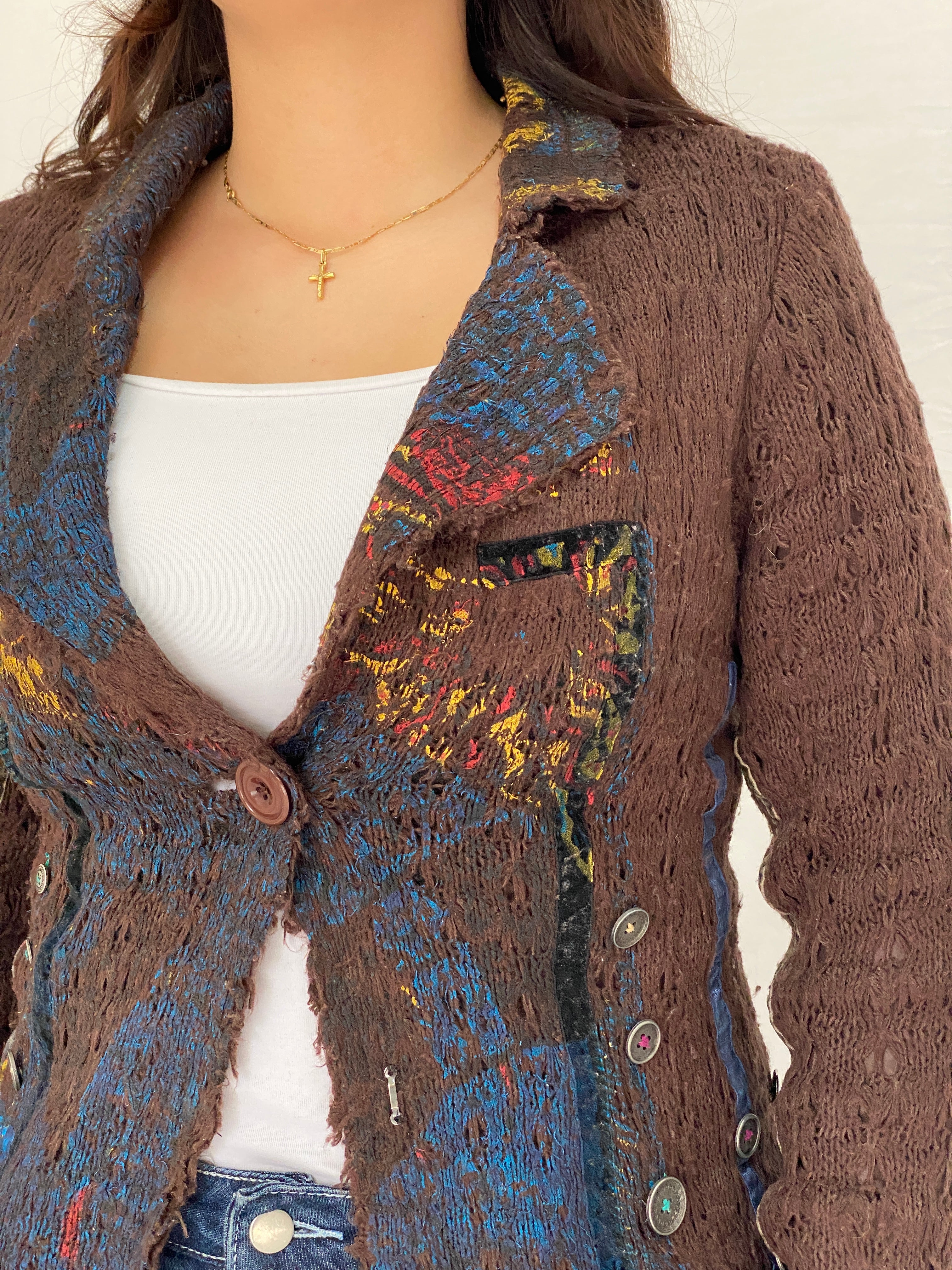 Vintage Soggo Brown Boho Knit Button-Up Cardigan Jacket – M