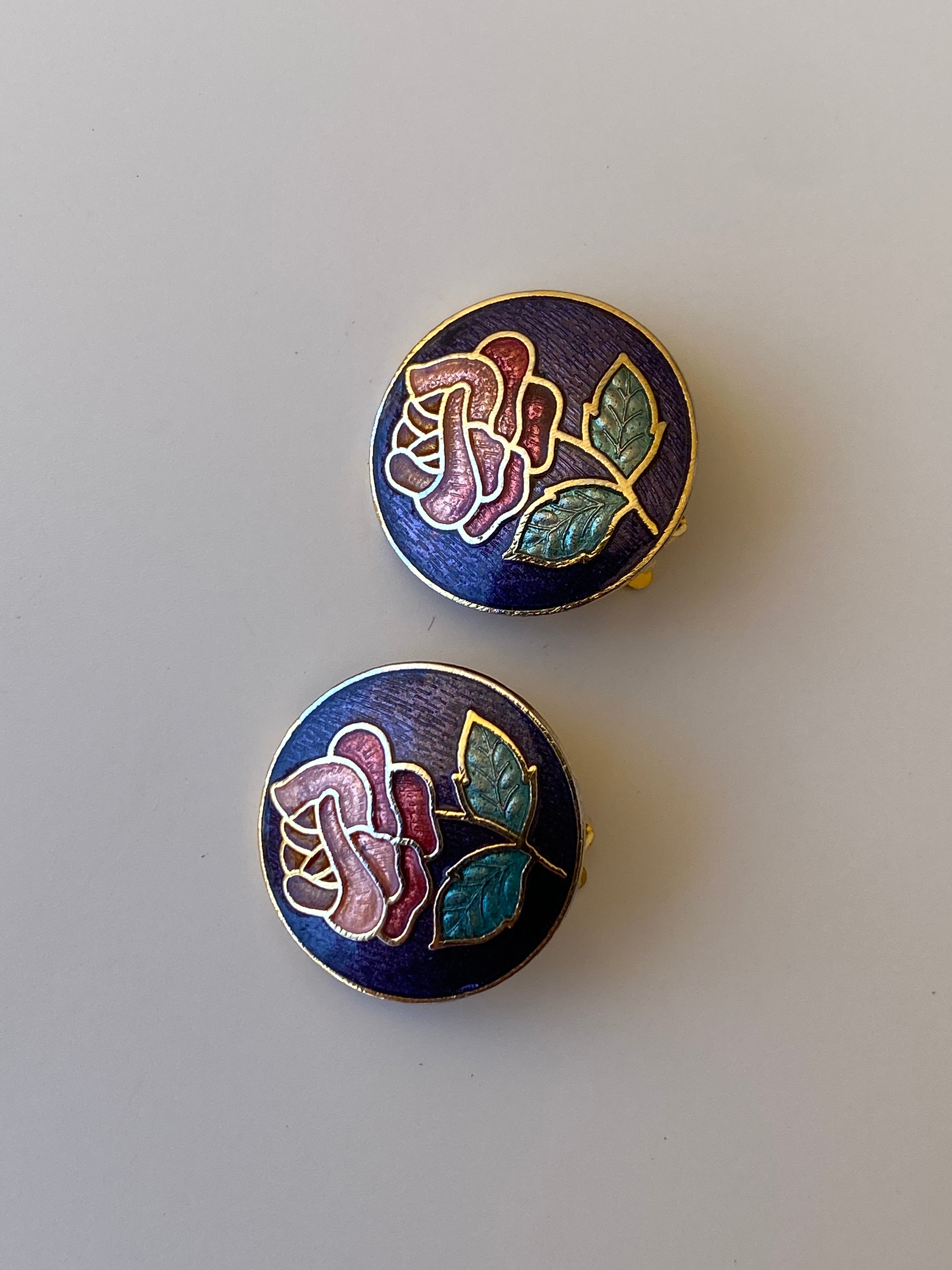 Vintage Enamel Rose Clip-On Blue Floral Cloisonné Style Mini Earrings