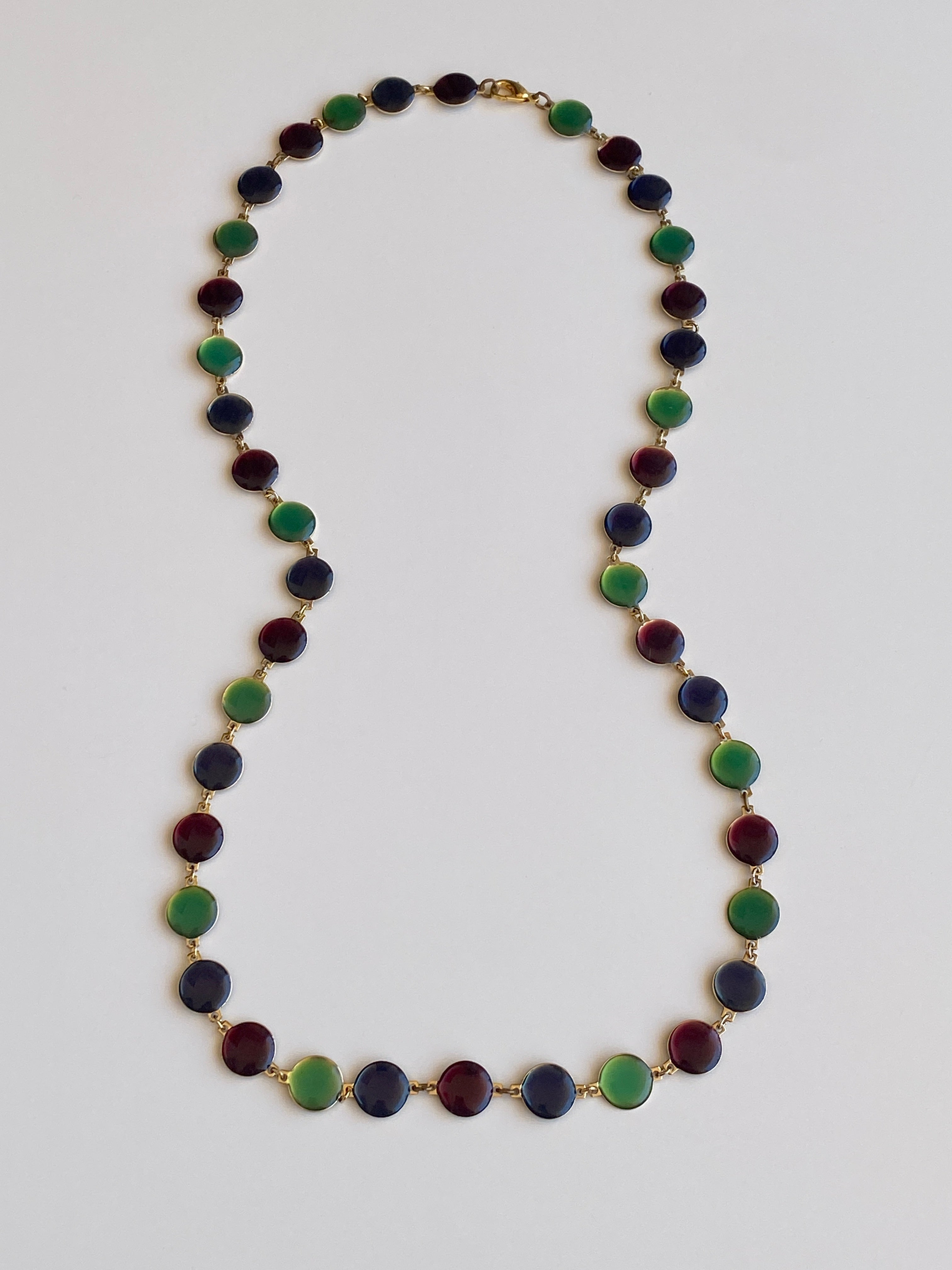 Vintage Double-Sided Green & Burgundy Lucite Disc Long Necklace