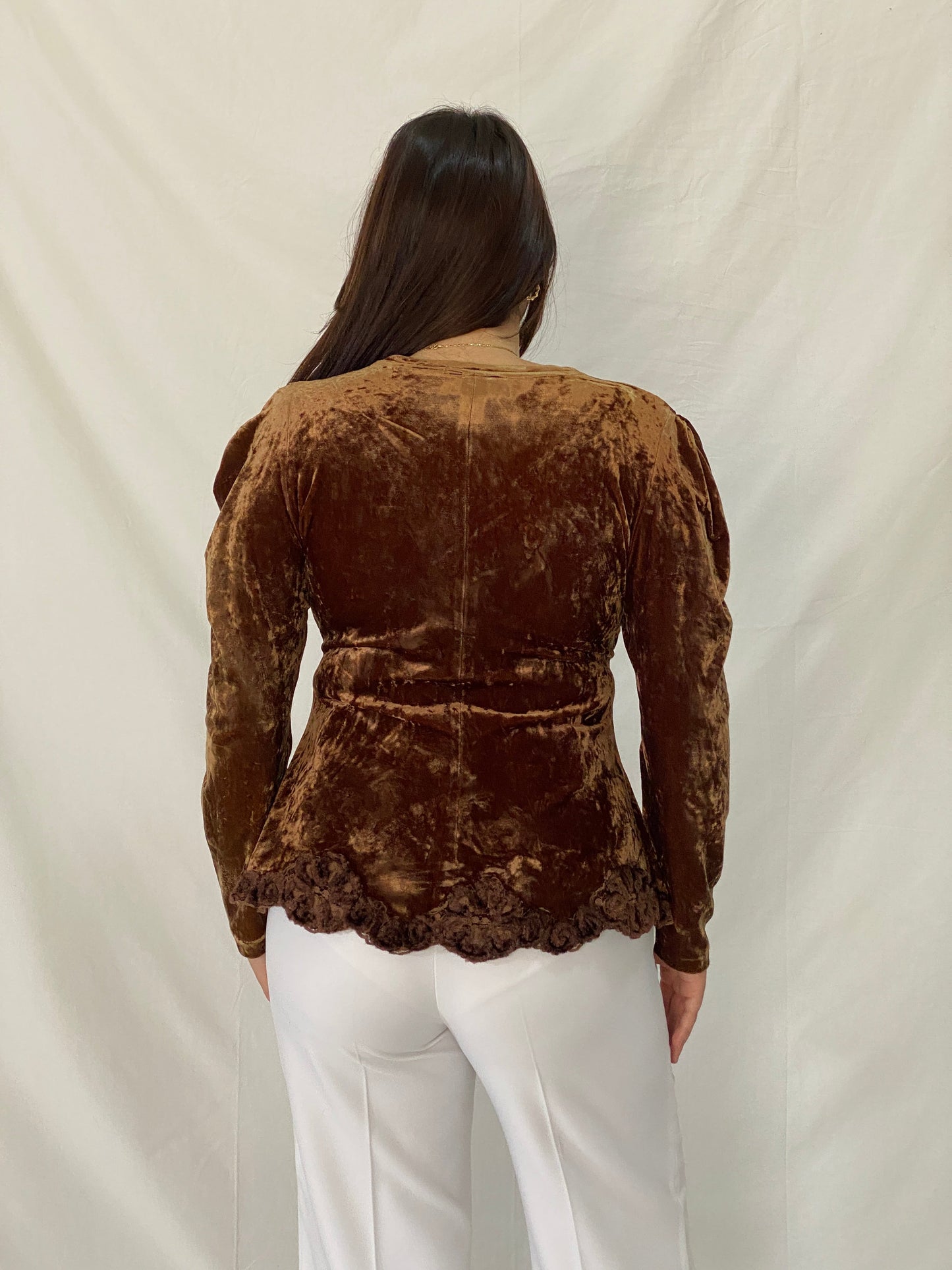 Vintage GEORGEDÉ Paris Brown Crushed Velvet Top Puff Sleeve Wrap Ruched Blouse - M