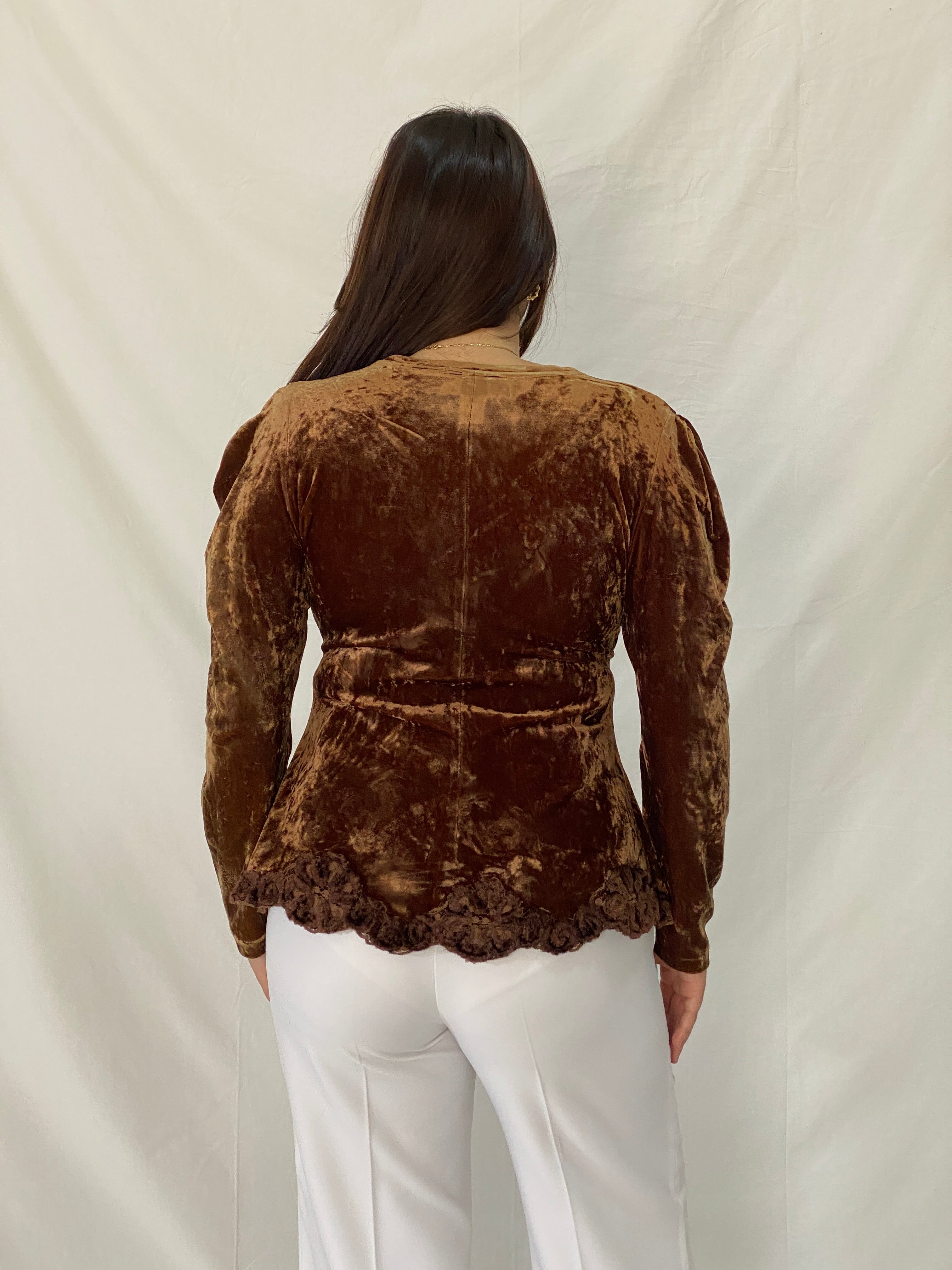 Vintage GEORGEDÉ Paris Brown Crushed Velvet Top Puff Sleeve Wrap Ruched Blouse - M