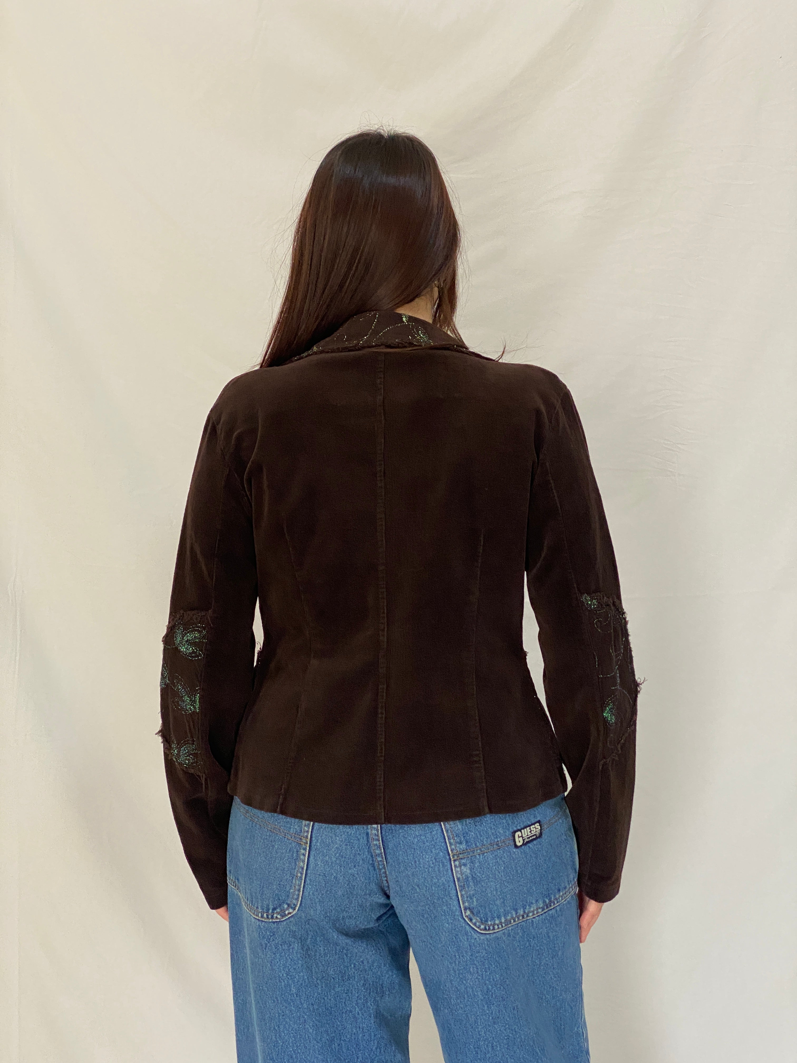 Vintage Y2K Italian Corduroy Blazer Chocolate Distressed Raw Edge Embroidered Jacket - S
