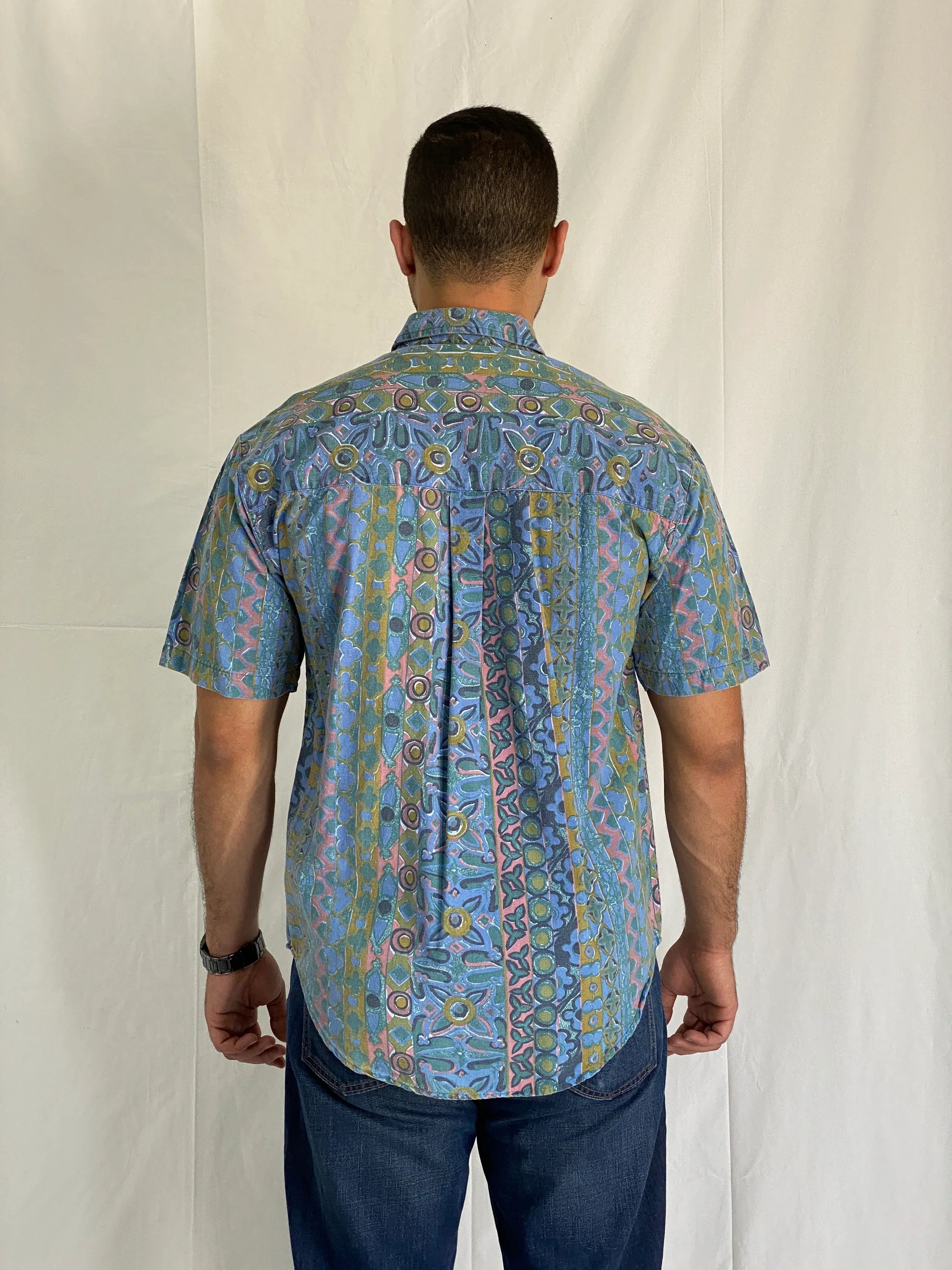 Vintage BADGE Short Sleeve Cotton Blue Geometric Print Shirt - M