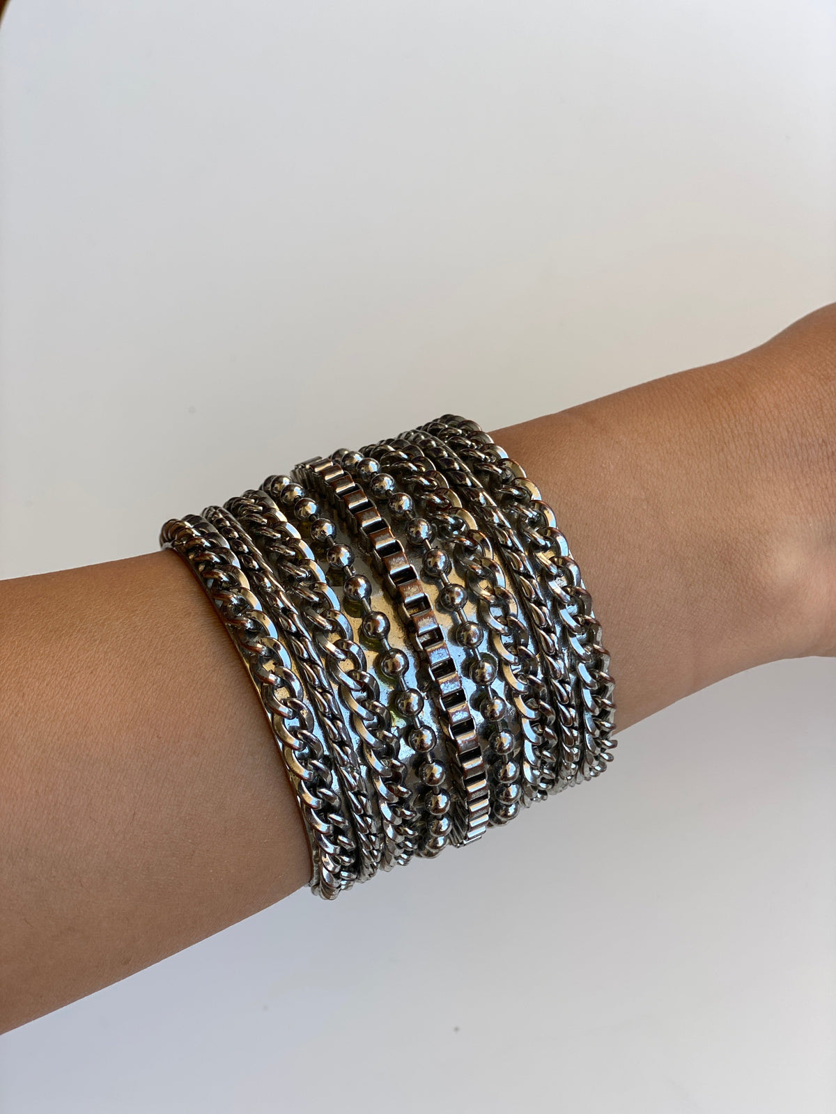 Vintage 90s/Y2K Cookie Lee Silver-Tone Mixed Chain Wide Statement Cuff Bracelet