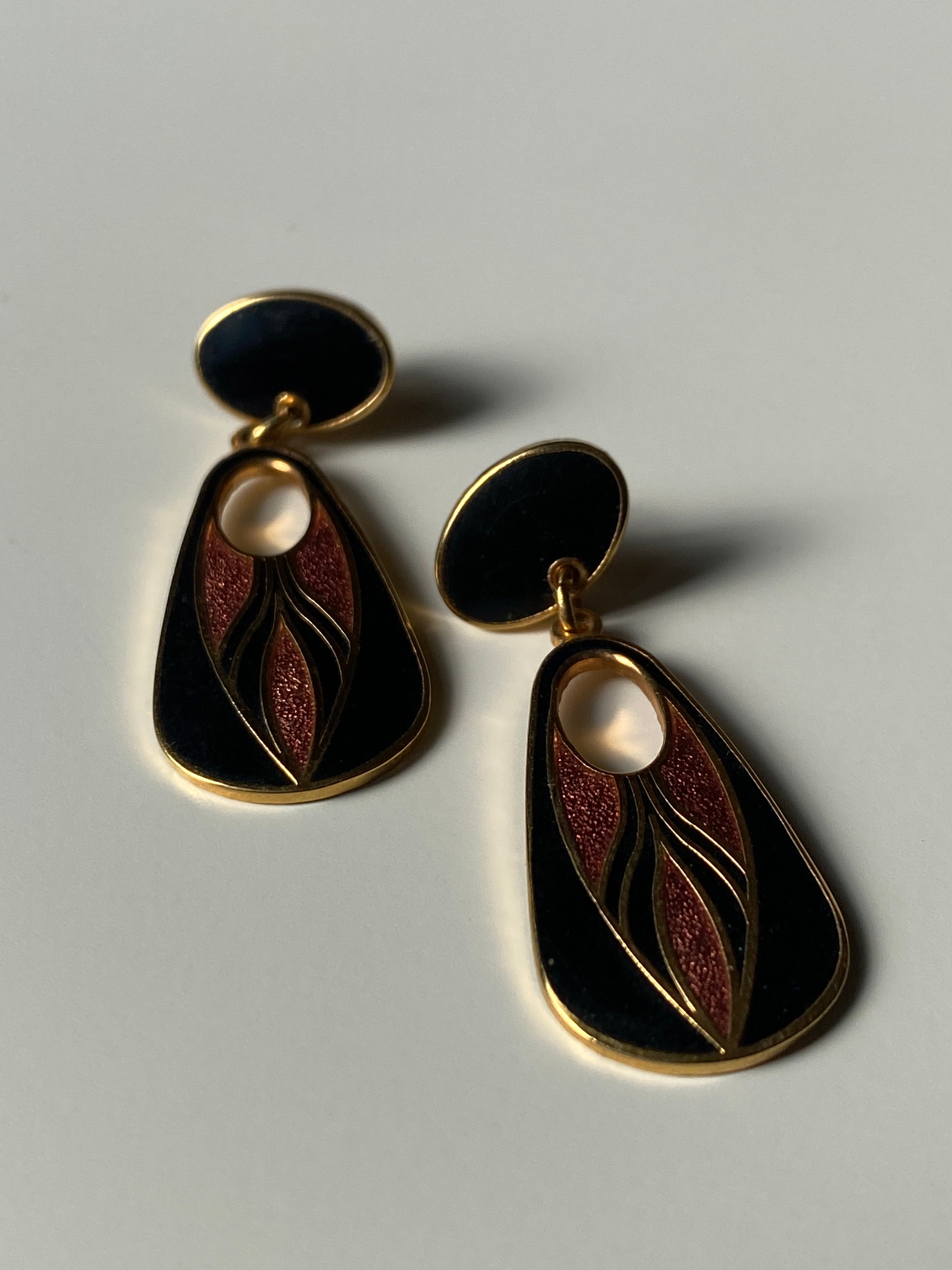 Vintage Isle of Skye Art Deco Enamel Drop Earrings - Gold Tone Celtic Design