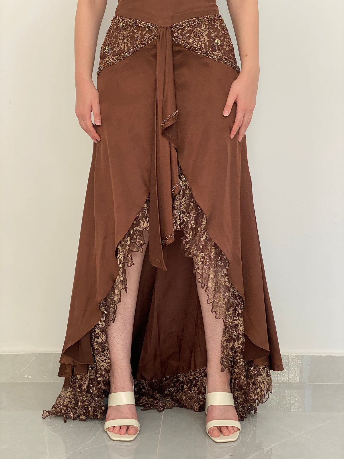 Vintage Party Time Brown Beaded Lace Strapless Formal Gown – M