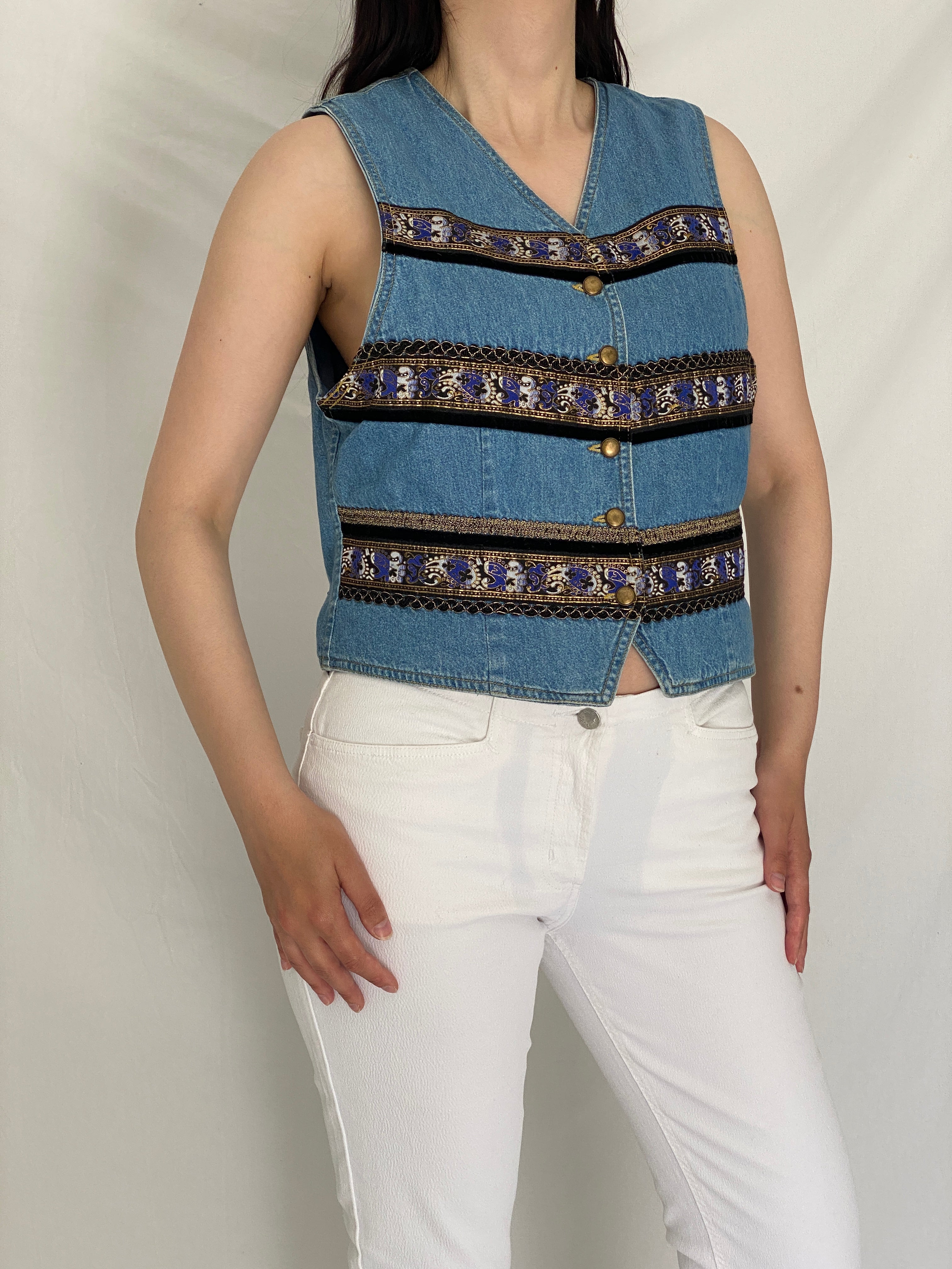 Vintage Y2K Liz Wear Denim Vest Boho Tapestry Trim Button Front Cropped Jean Waistcoat – M