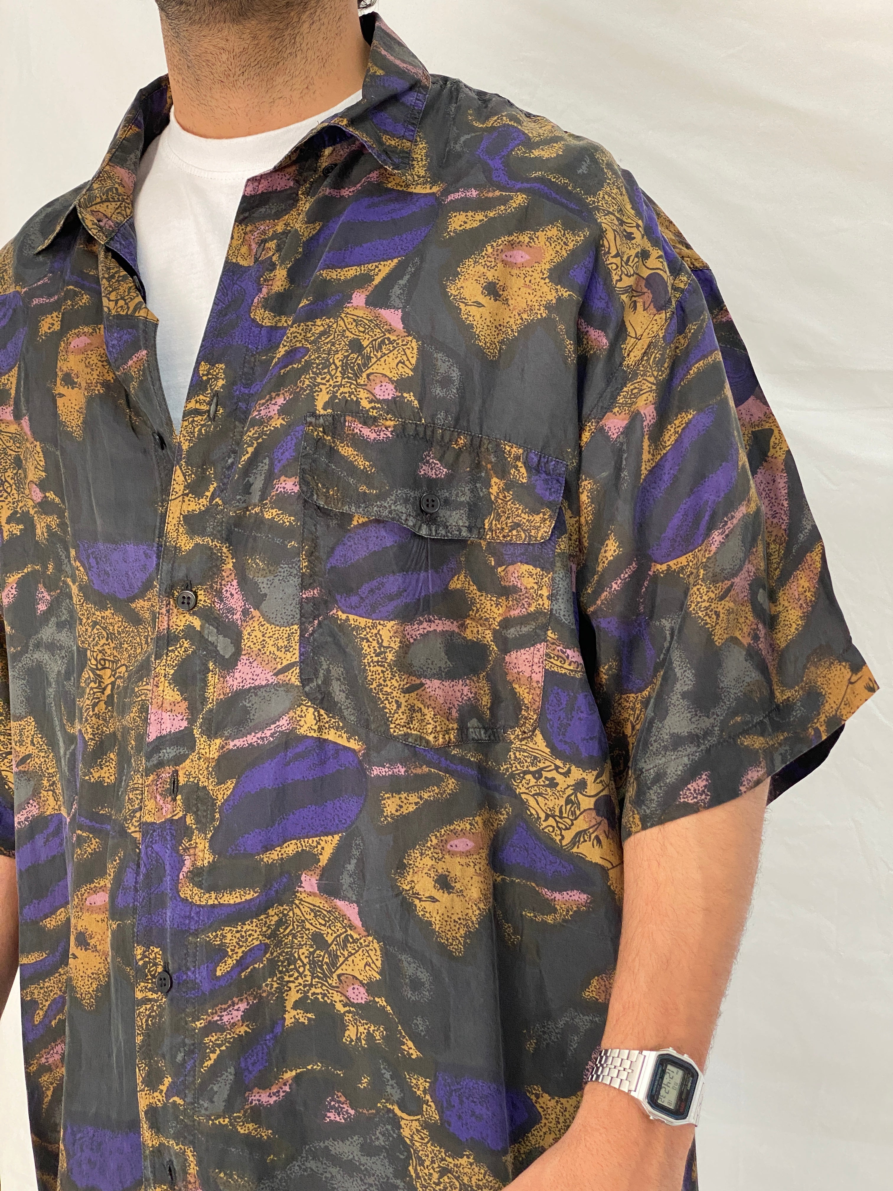 Vintage 90s Silks Stone Original Abstract Print Silk Black Purple Shirt – XL