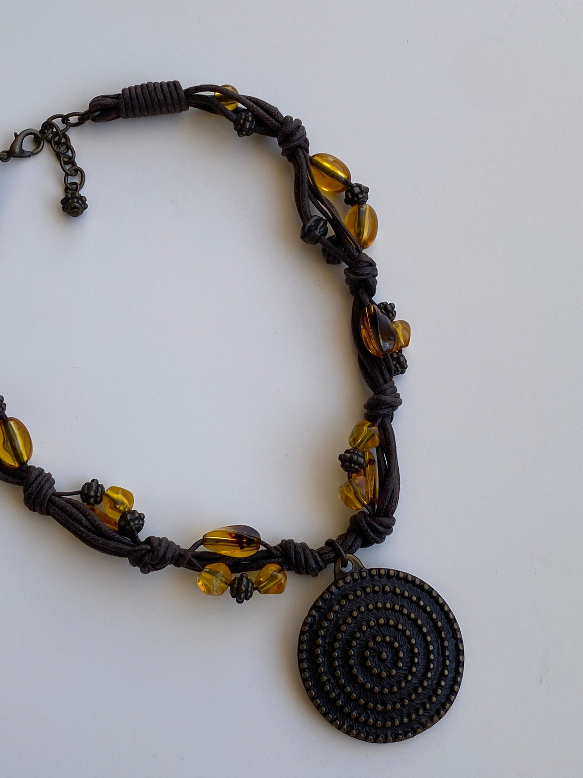 Vintage Y2K Boho Brown Cord Amber Bead Spiral Medallion Statement Necklace