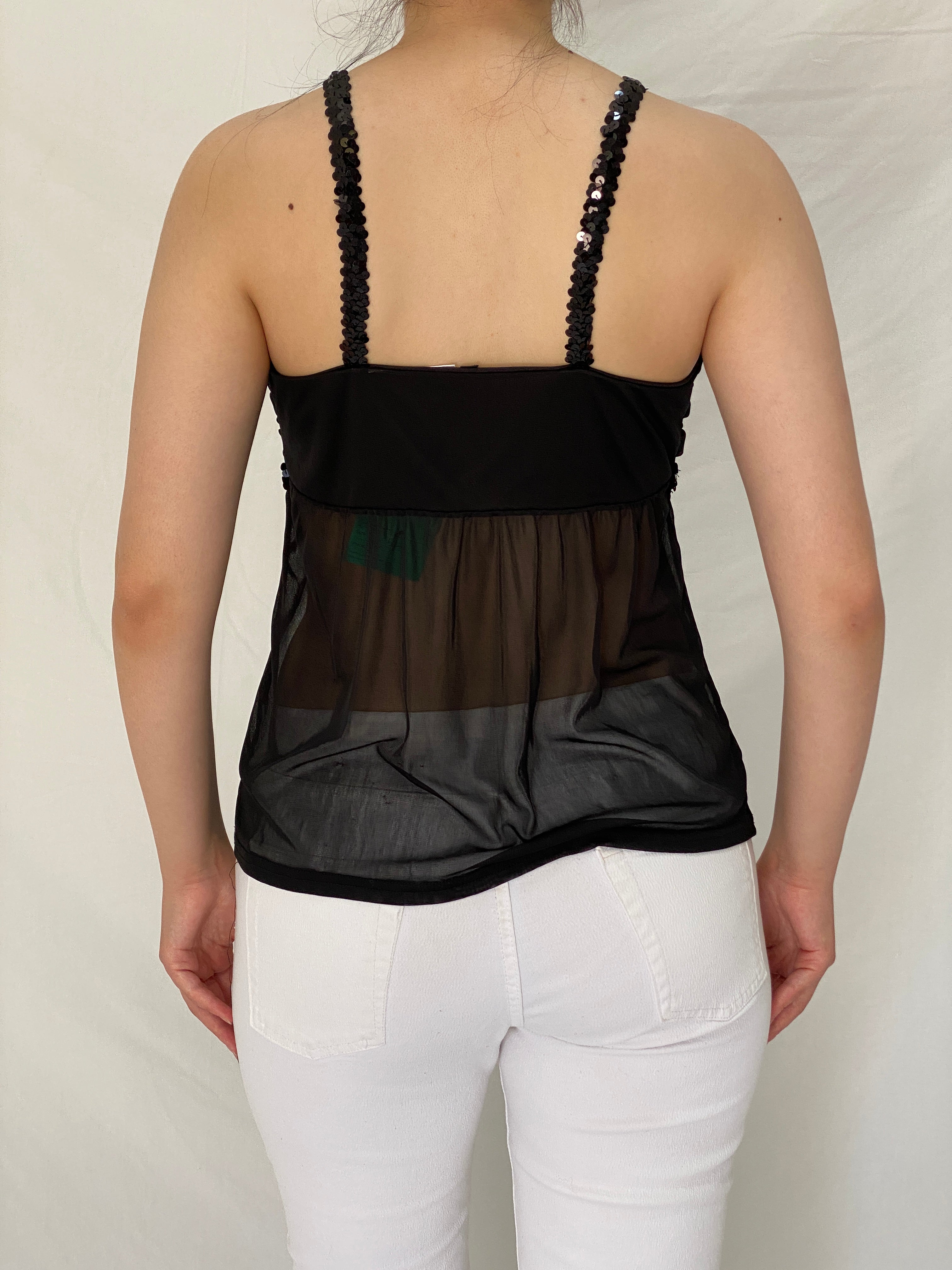 Vintage Y2K Black Party Evening Sequin Trim Sheer Mesh Cami Top - M