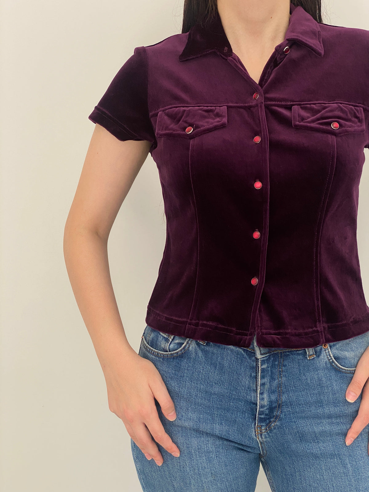 Vintage Y2K Judy Knapp Deep Purple Velvet Western Snap Shirt - M